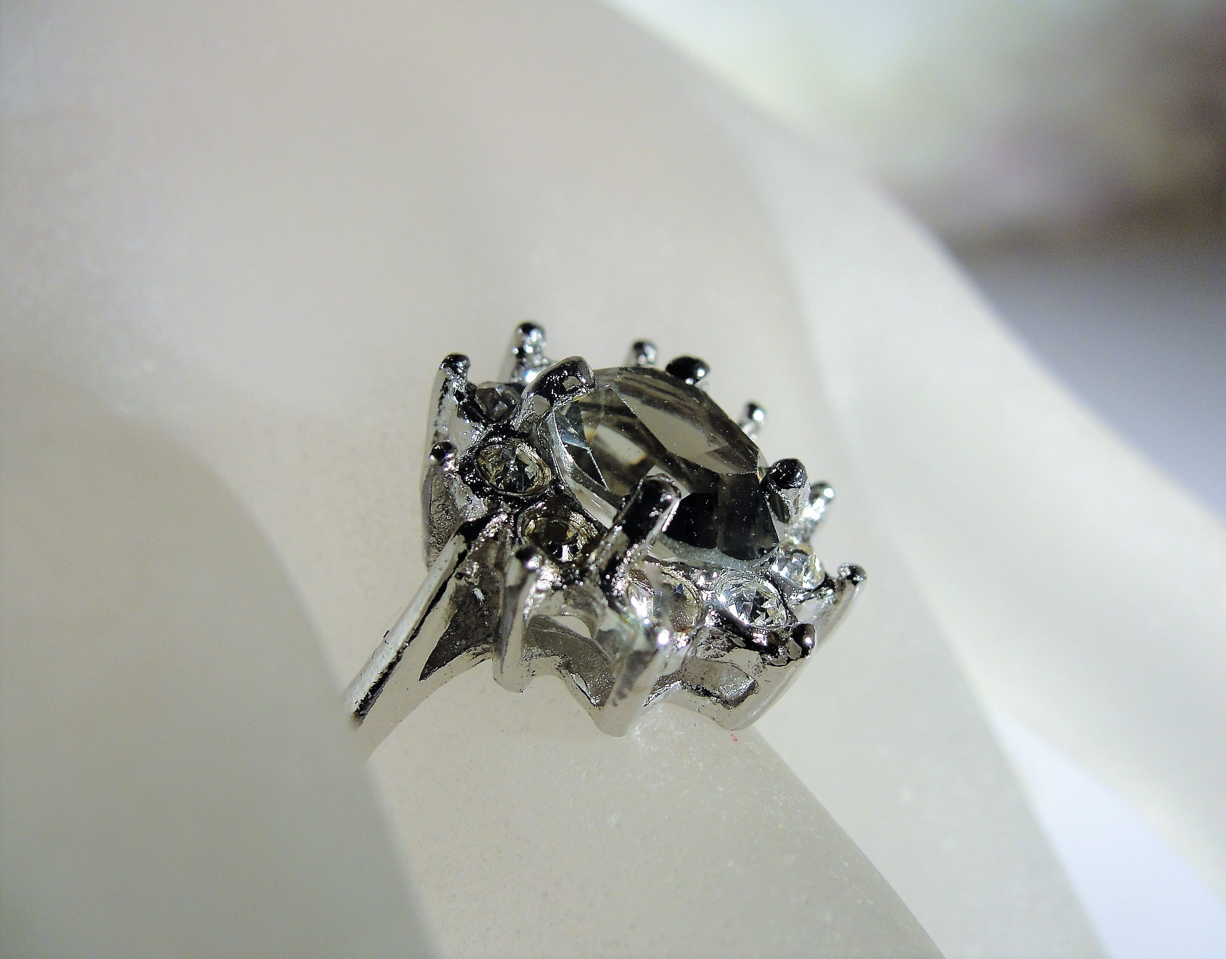 SETA Ring, Gray Glass Rhinestone Silver Ring, Fashion Ring, Halo Ring