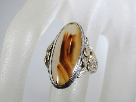 Agate Ring, Art Nouveau Sterling Silver and 10K Gold Filled Agate 