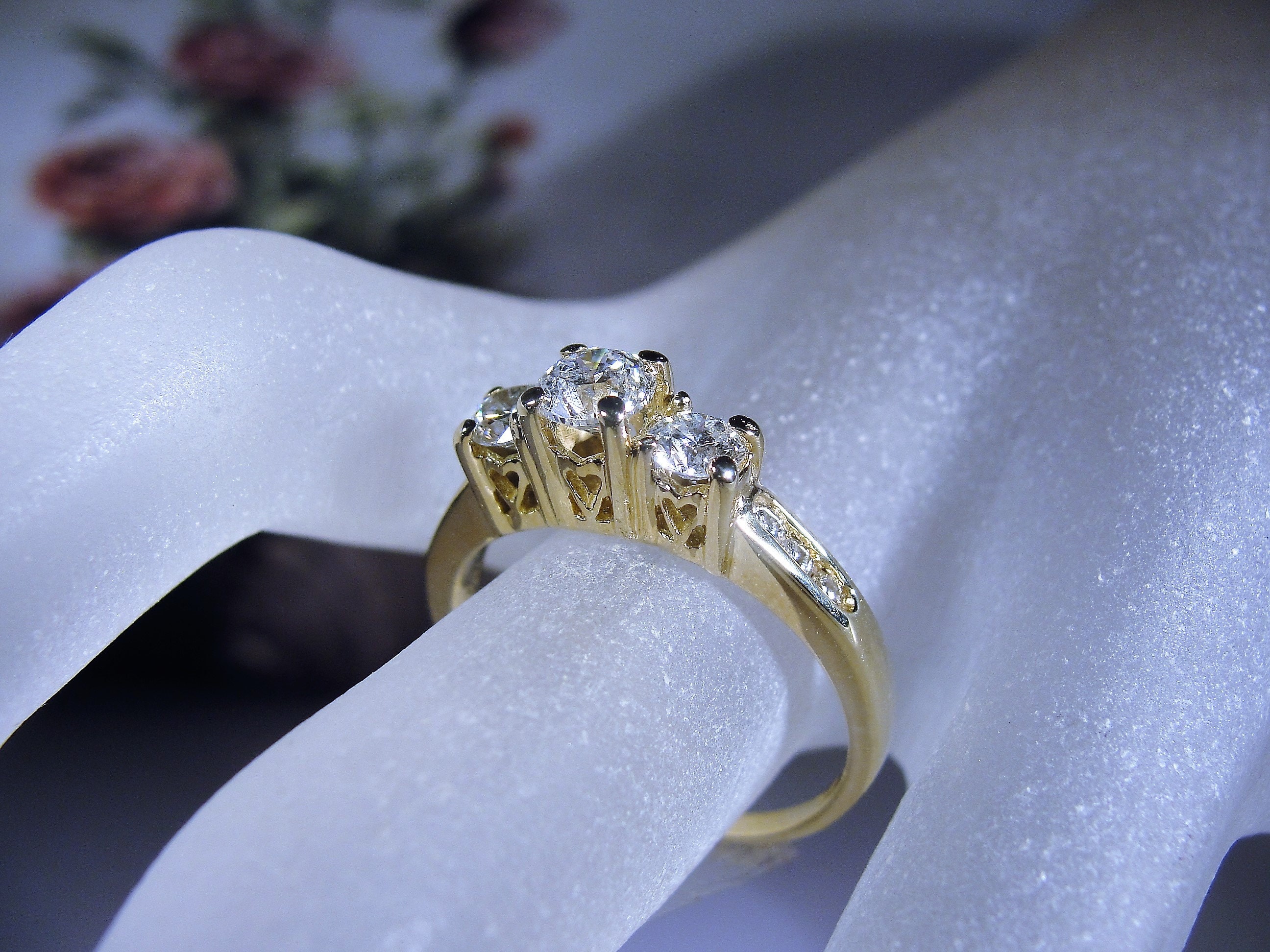 Trilogy Ring, 14K Gold Diamond Ring, Hearts in the Mounting, Past ...