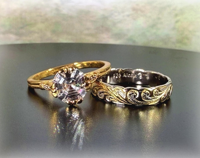 Bridal Ring Set – Gold Vermeil Sterling Silver Rings – 3 CT Asscher Cut Moissanite Solitaire – Scalloped Band – Size 8 – Free Sizing