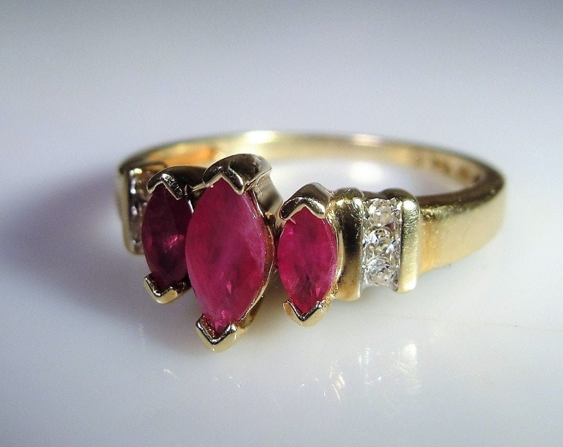 10K Gold Marquise Ruby and Diamond Ring Ruby Trilogy Ring Red