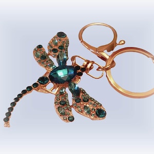 Blue Rhinestone Dragonfly Purse and Handbag Charm Keychain - Gold Plated Brass (NOS)