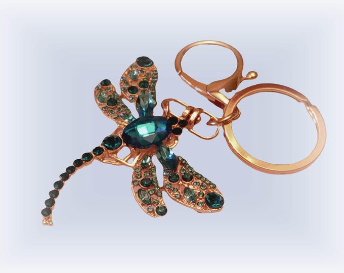 Blue Rhinestone Encrusted Dragonfly Purse Charm and Keychain Accessory - Purse Charm - Backpack Key Chain – Fashion Accessory - NOS
