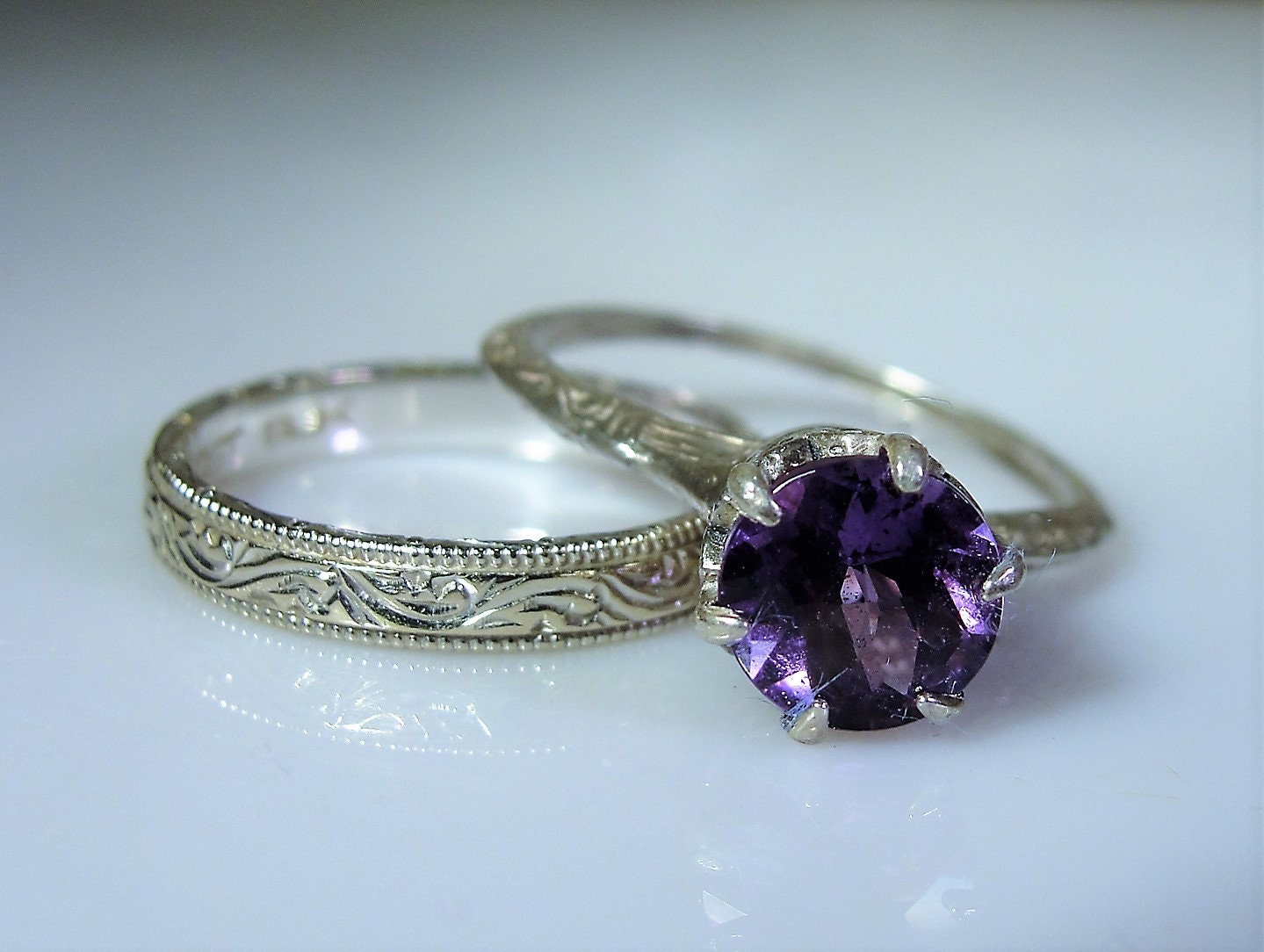 Bridal Ring Set, Victorian Wedding Rings, 14K White Gold