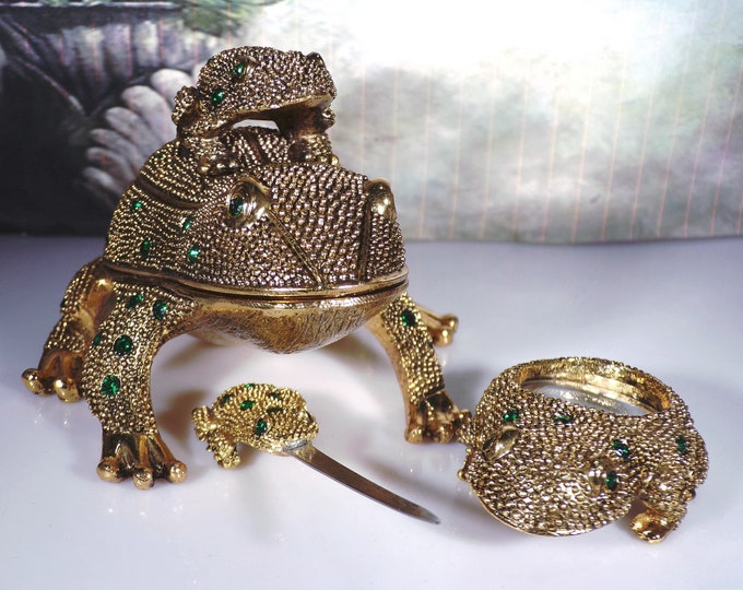 Bombay Company Brass Frog Desk Set, Frog Desk Set, 3 Piece Desk Set, Frog Letter Opener, Frog Magnifying Glass, Frog Trinket Box, Vintage