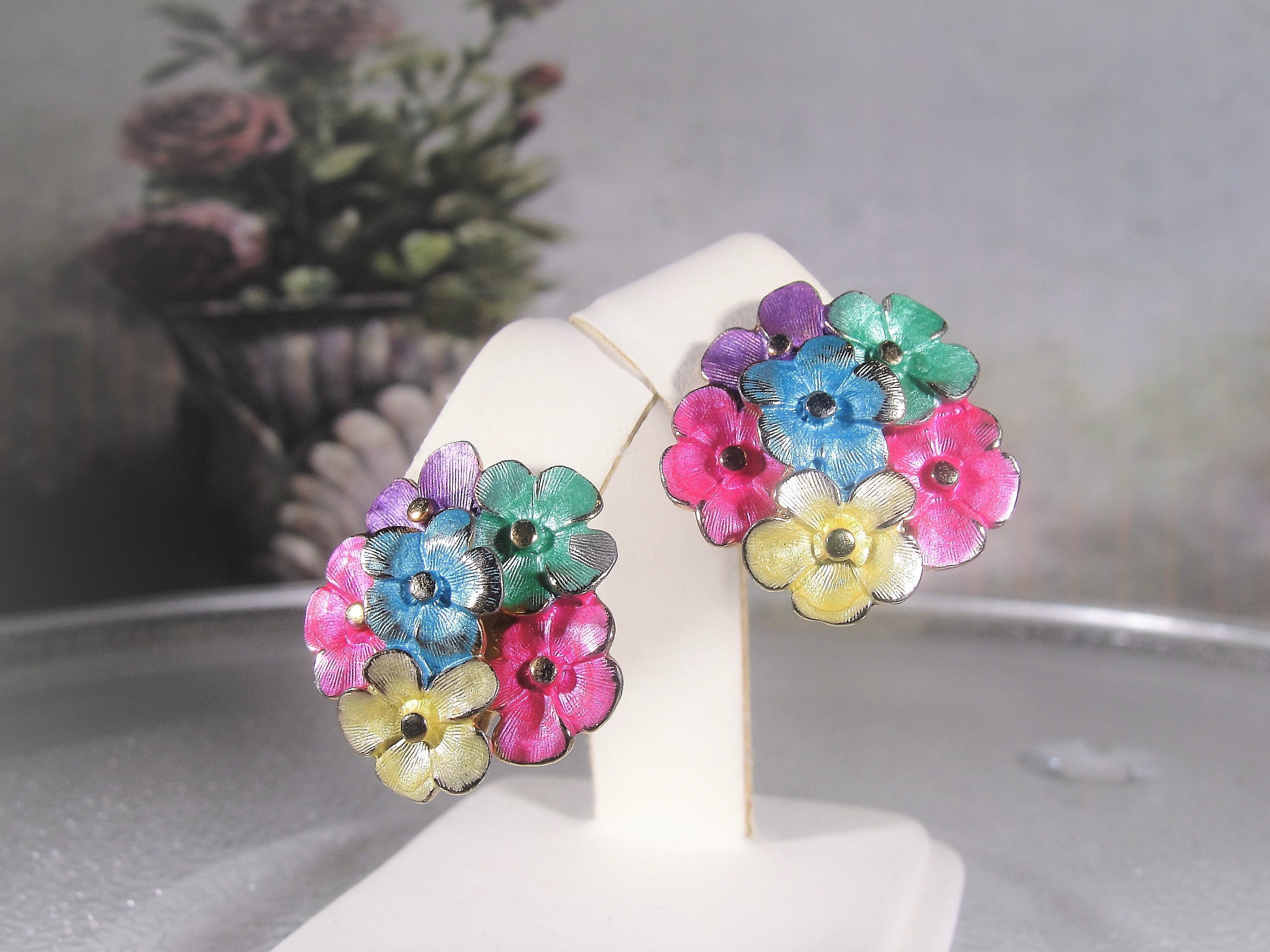 Clip On Earrings, Vintage Enamel Floral Earrings, Flower Earrings, Mid