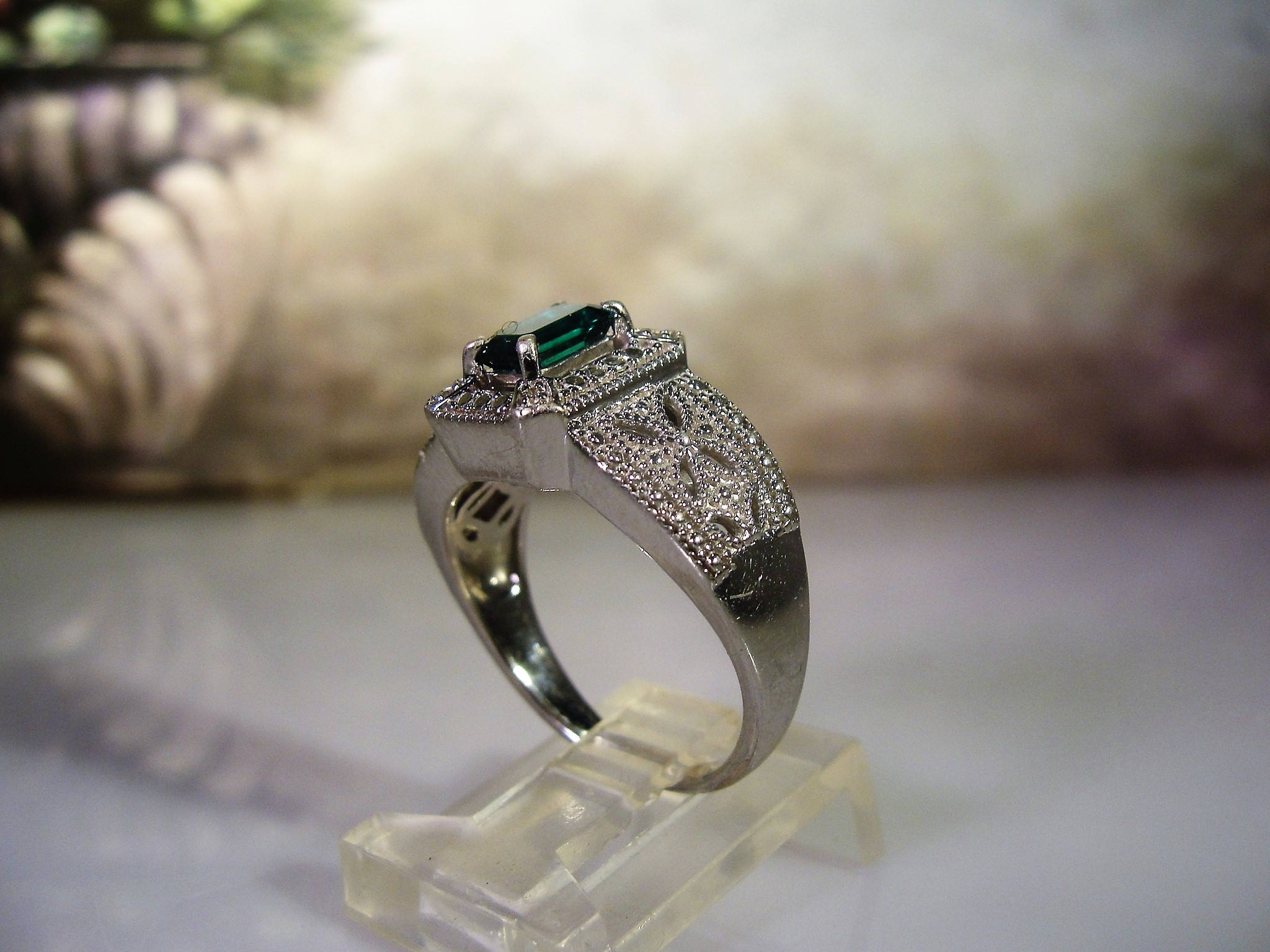 Emerald Ring, Sterling Silver Ring, Emerald Filgree Ring, Green Emerald