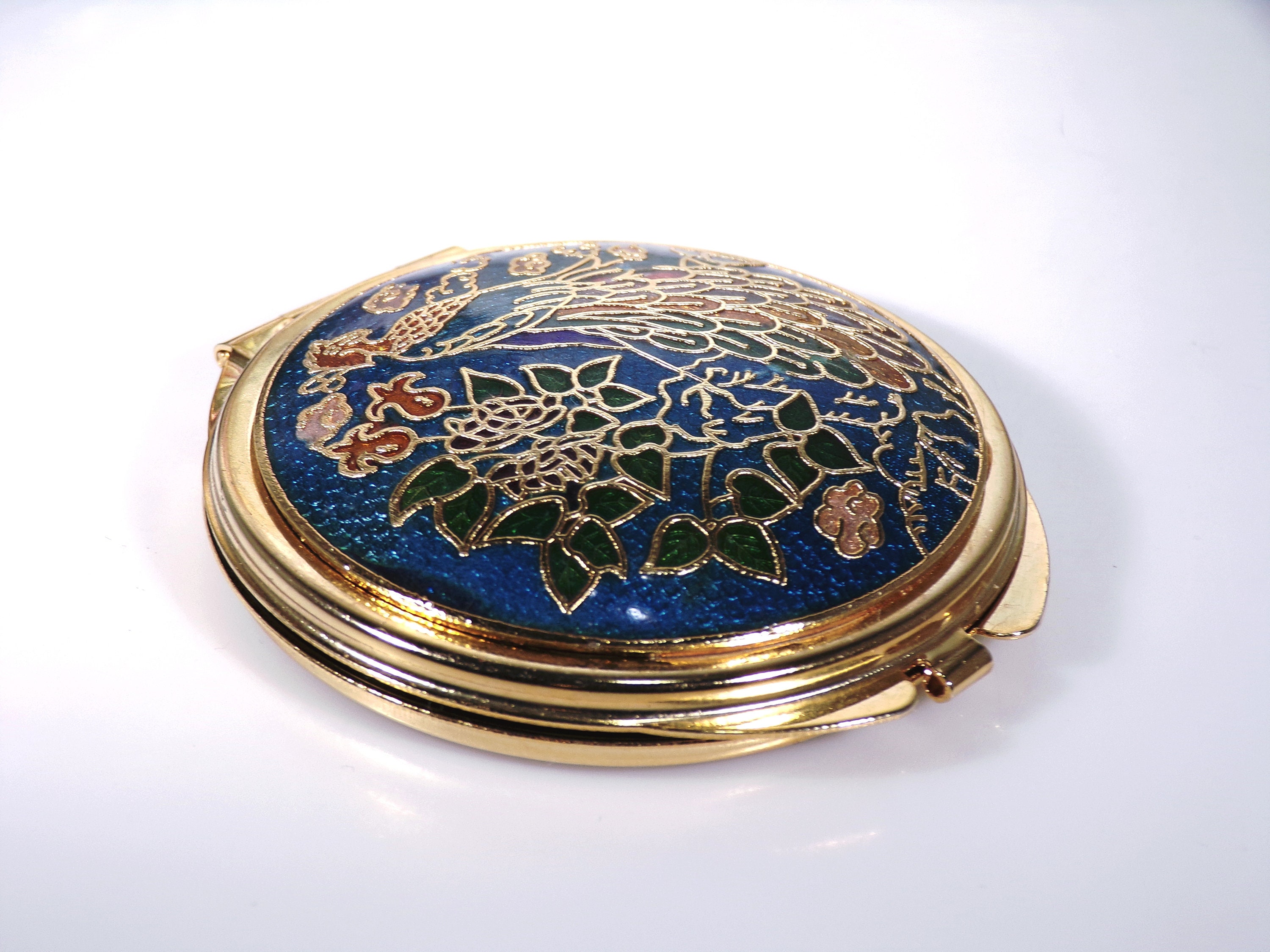 Cloisonne Blue Peacock Double Sided Mirror Compact, Regular Mirror and