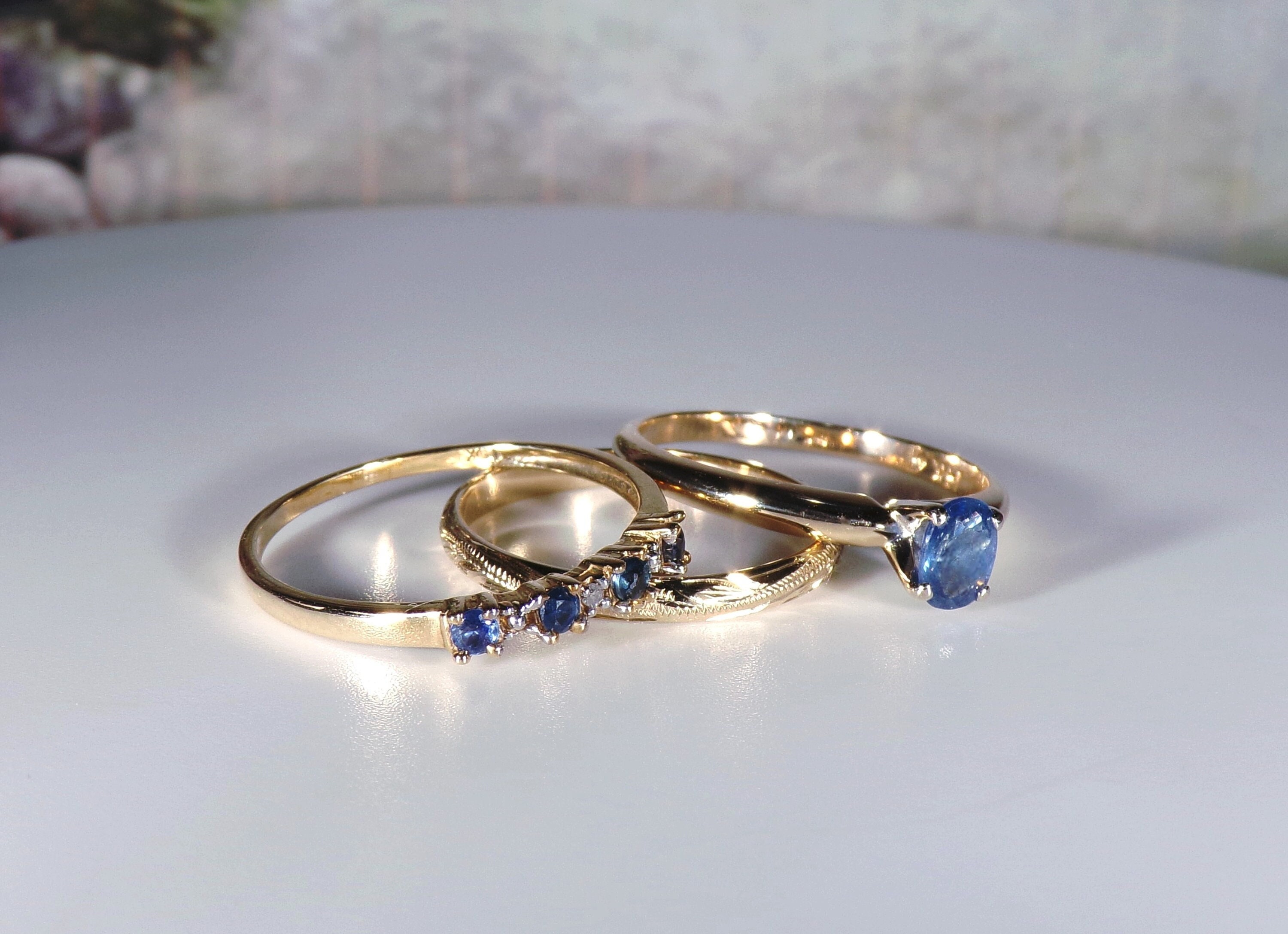Bridal Ring Set, 14K Petite Steel Blue Sapphire & Diamond Bridal Set, 3