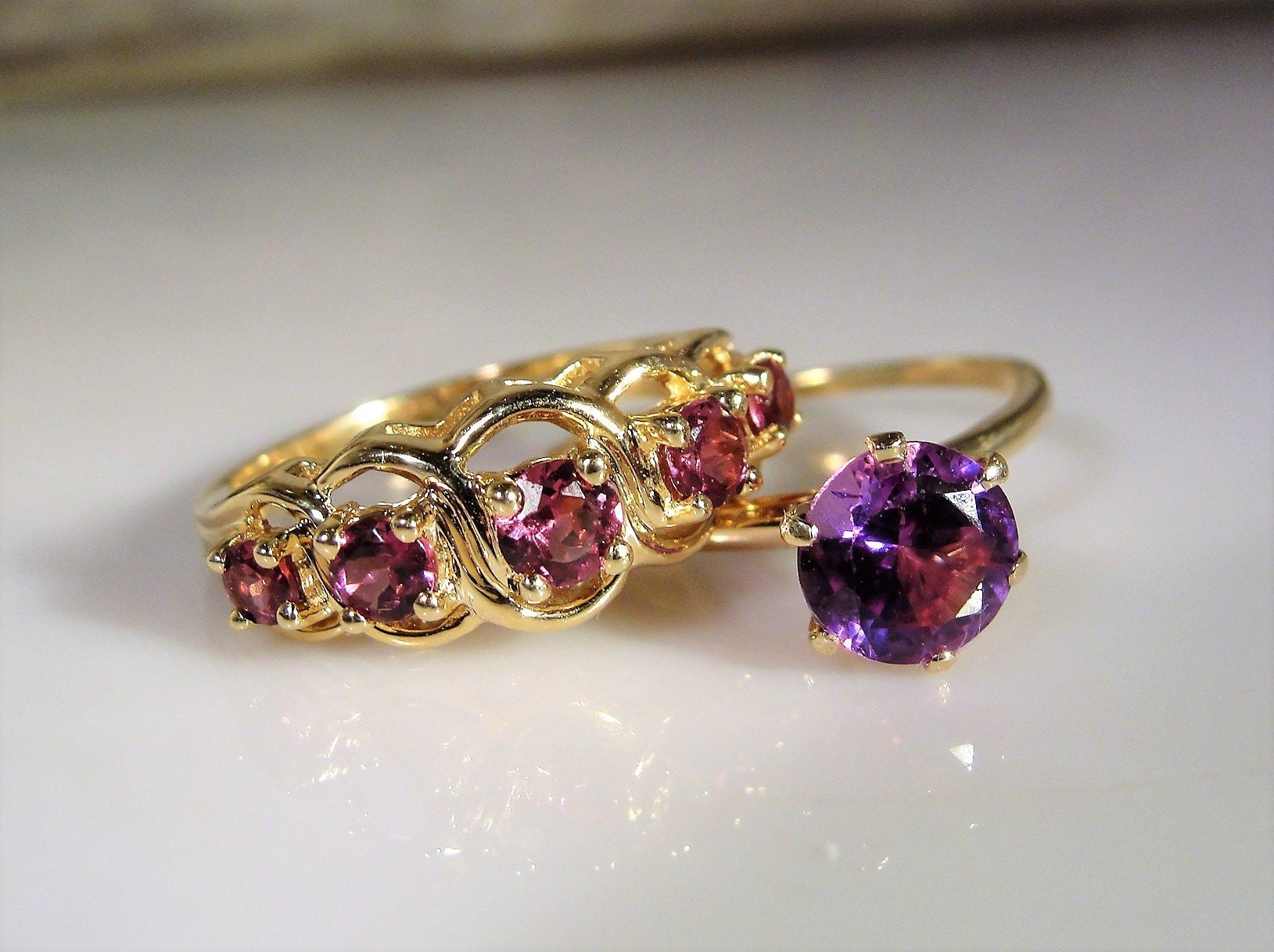 Stunning 10K Purple Sapphire Bridal Ring Set, Engagement Ring, Wedding