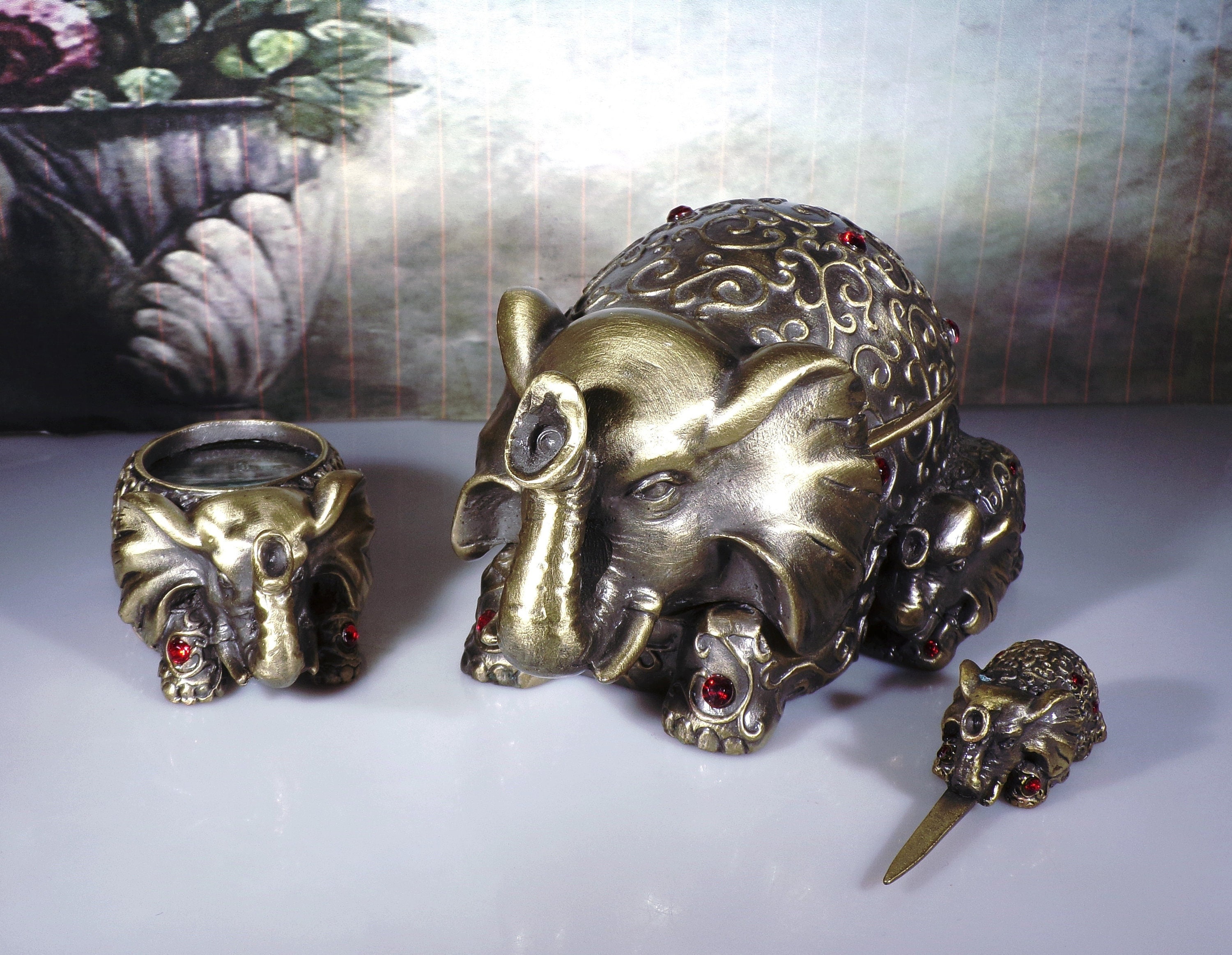 BOMBAY COMPANY Desk Set, 3 Brass Elephants, Red Rhinestone Accents