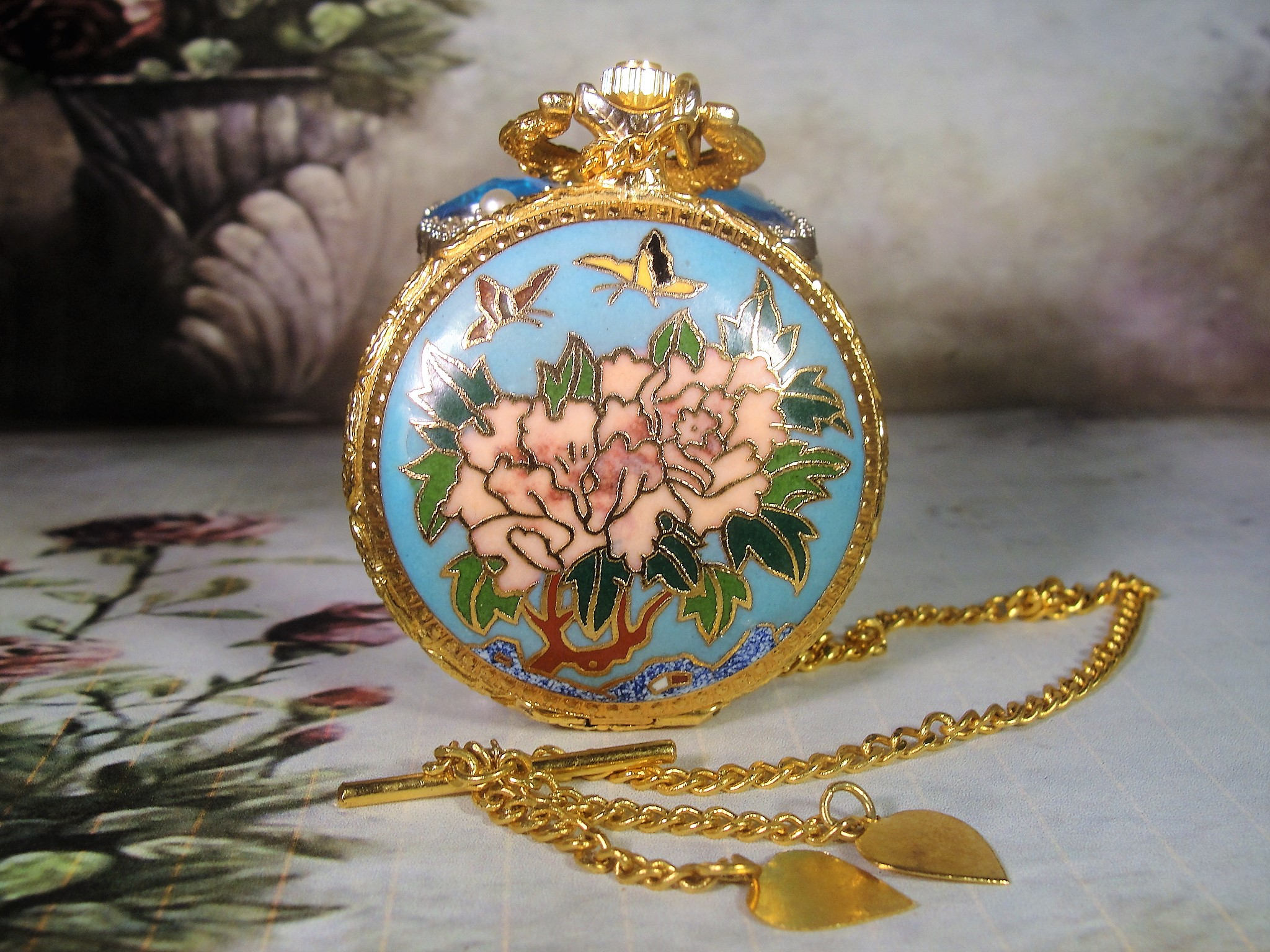 Cloisonné Pocket Watch, Enamel Pocket Watch, Mechanical Pocket Watch, 19 Jewels, Original Box