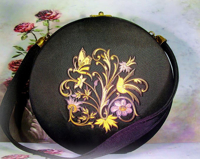 Purse Compact - Damascene Style Black Formal Necessaire Handbag and Compact - French Minaudiere - Vintage Compact Purse