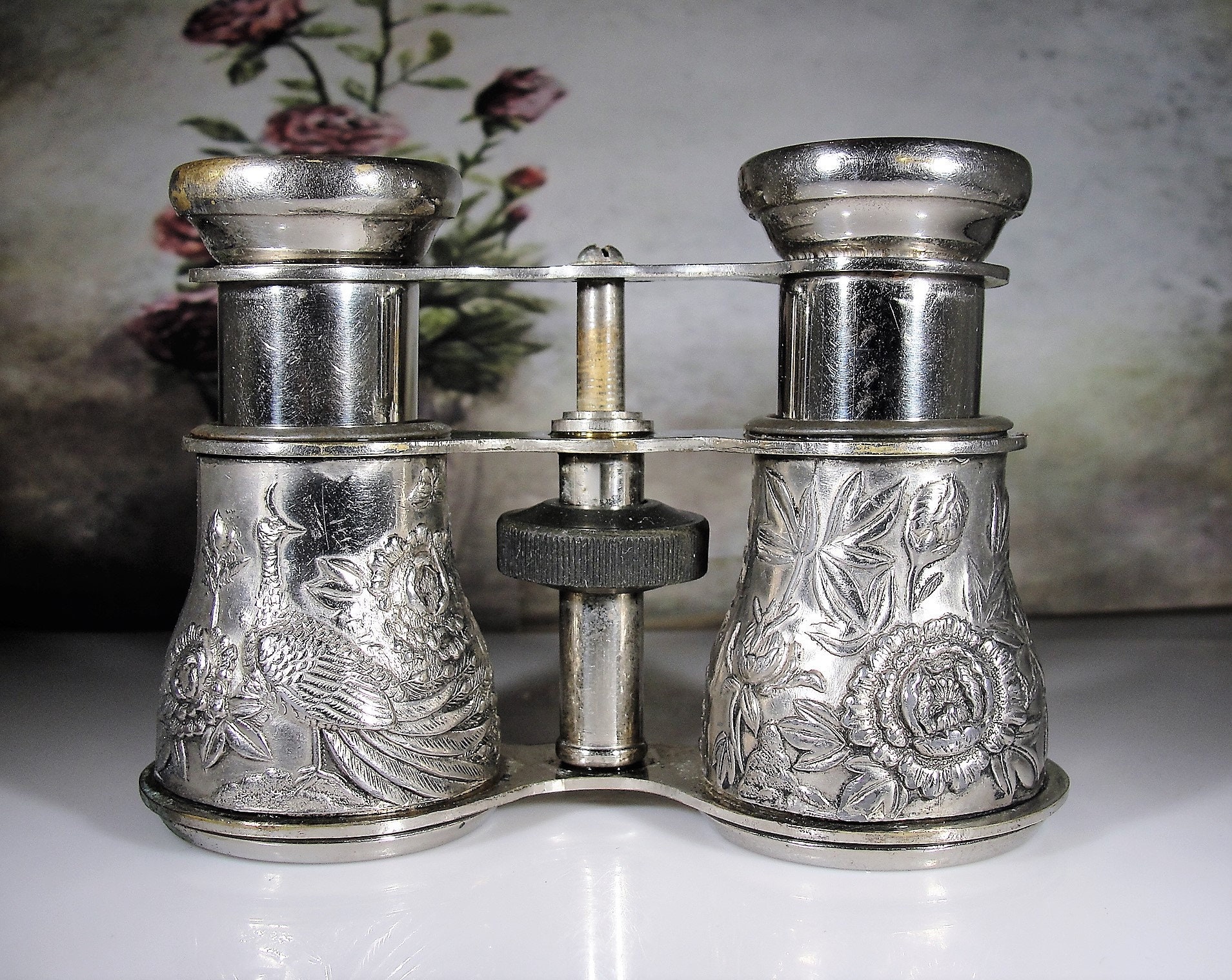 Opera Glasses, Vintage OCCUPIED JAPAN Repousse Floral Metal Work Design