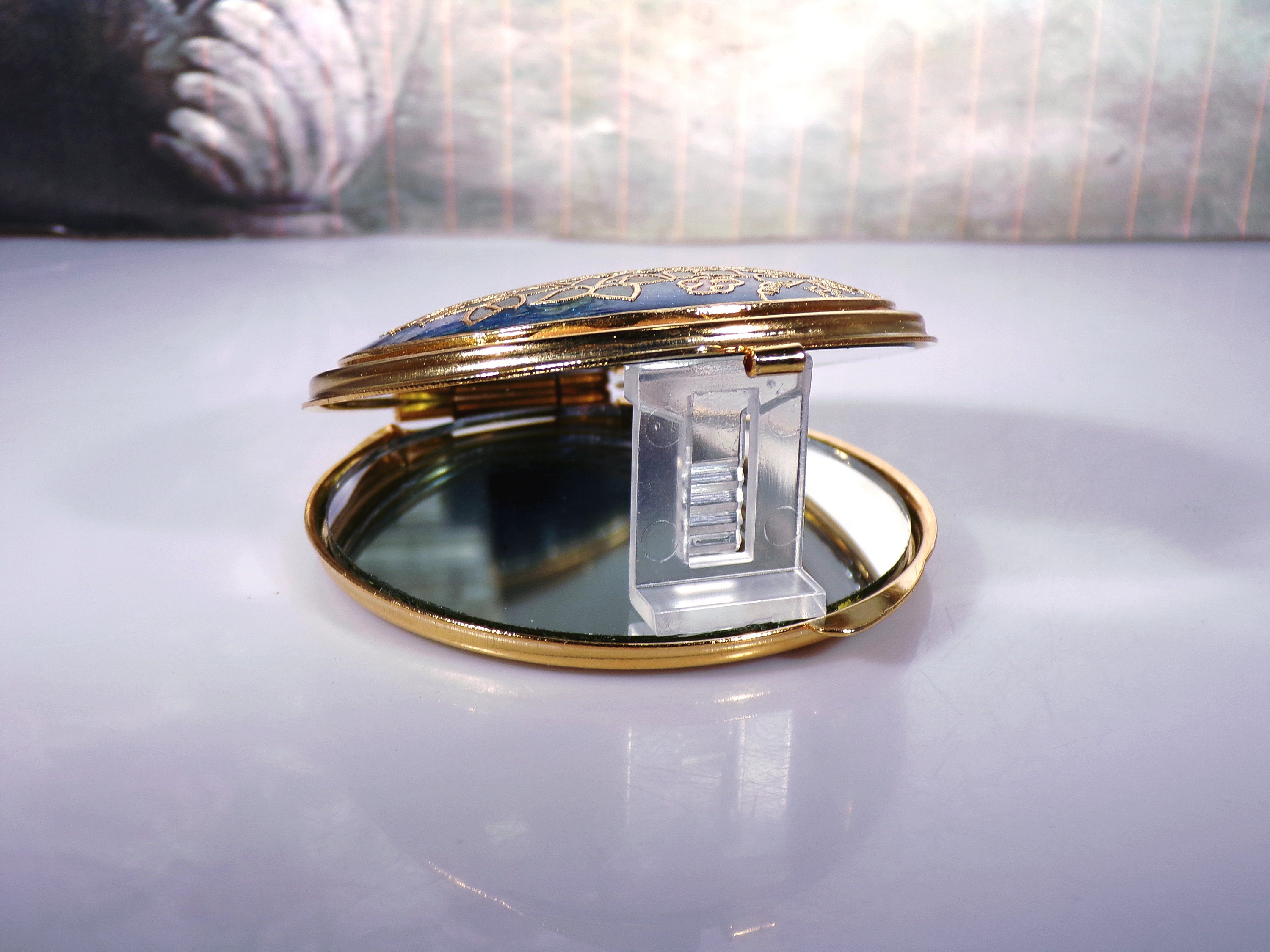 Cloisonne Blue Peacock Double Sided Mirror Compact, Regular Mirror and