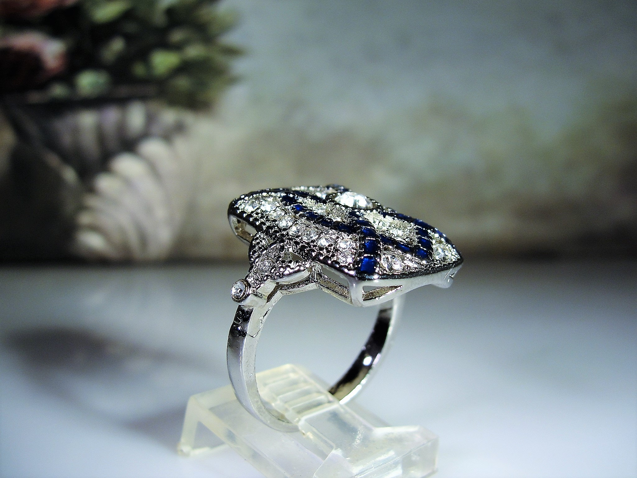 Art Deco Blue Sapphire and CZ Diamond Sterling Silver Ring, Art Deco