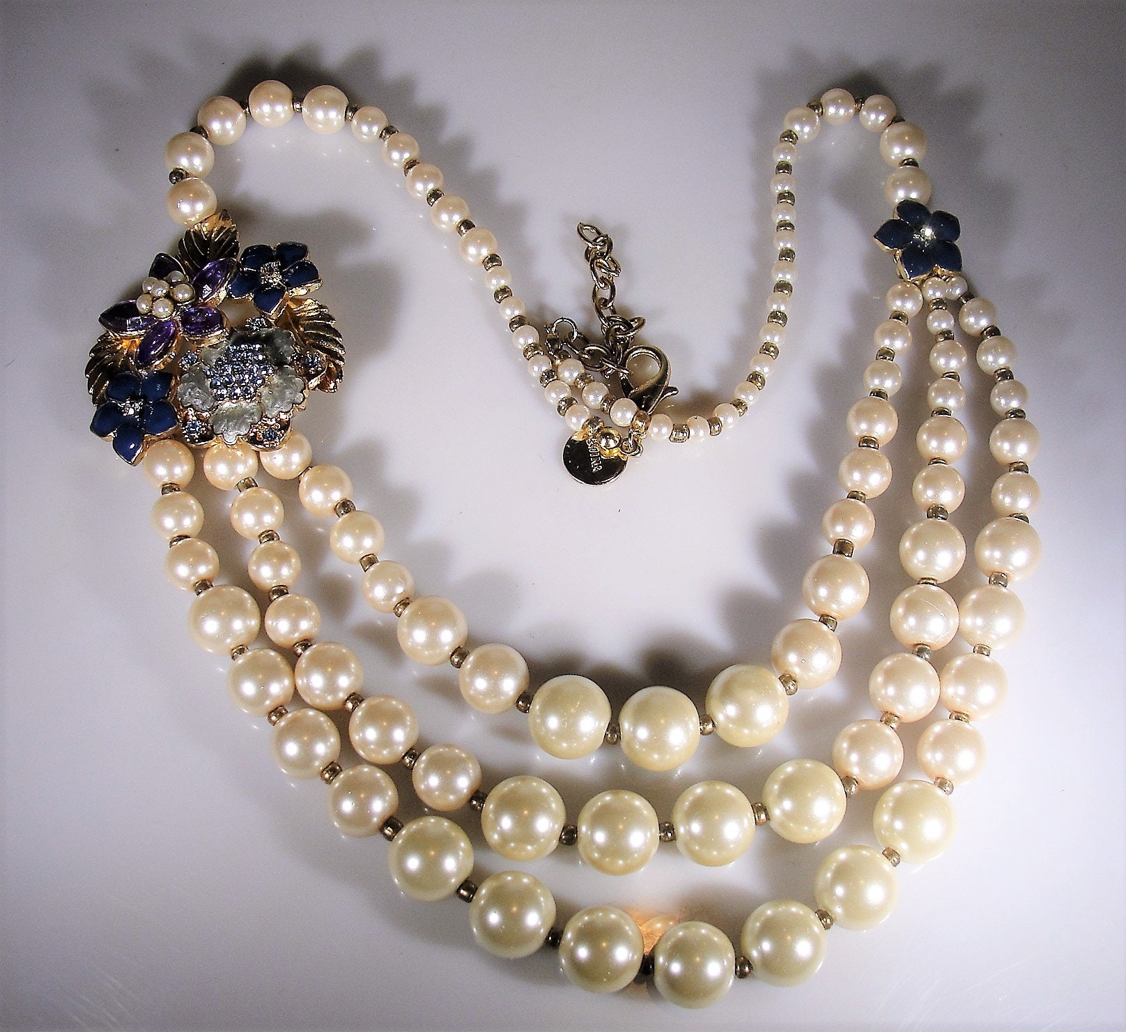 Pearl Necklace, 3 Strand Pearl Necklace with Enamel Flower