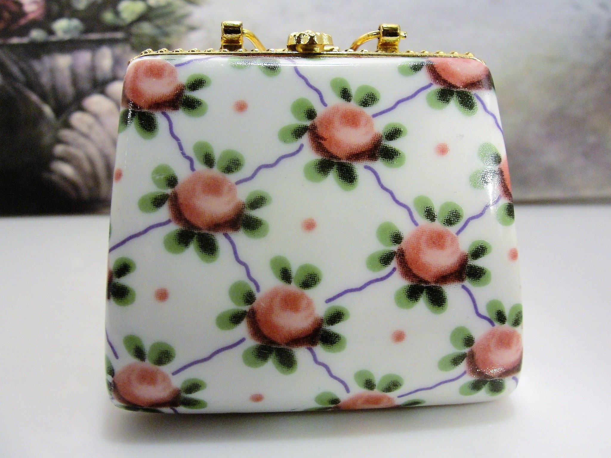 Porcelain Rose Purse, Purse Trinket Box, Purse Pill Box, Porcelain