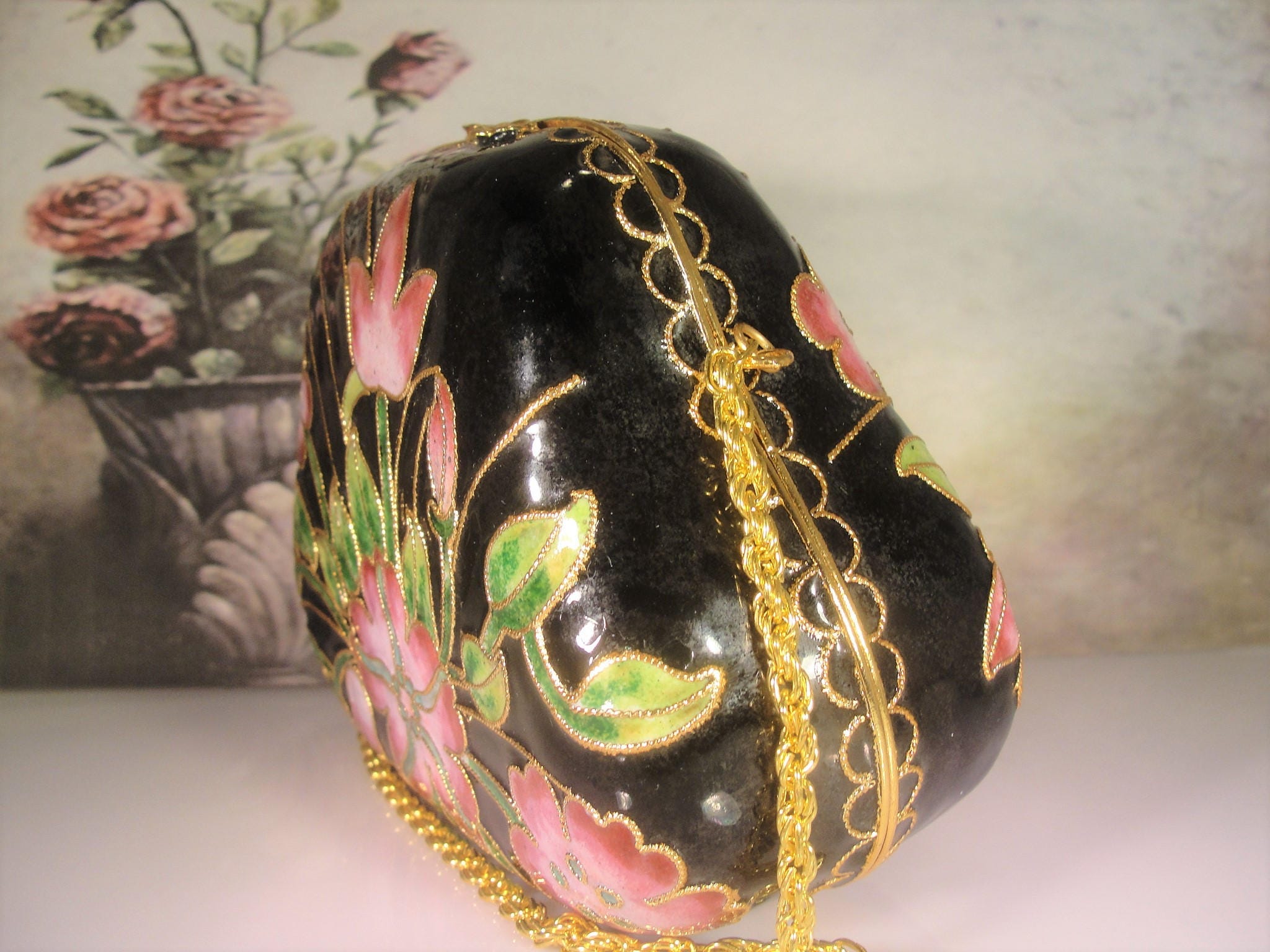 Cloisonné Pink Green and Black Purse, Vintage Floral Cloisonné Enamel