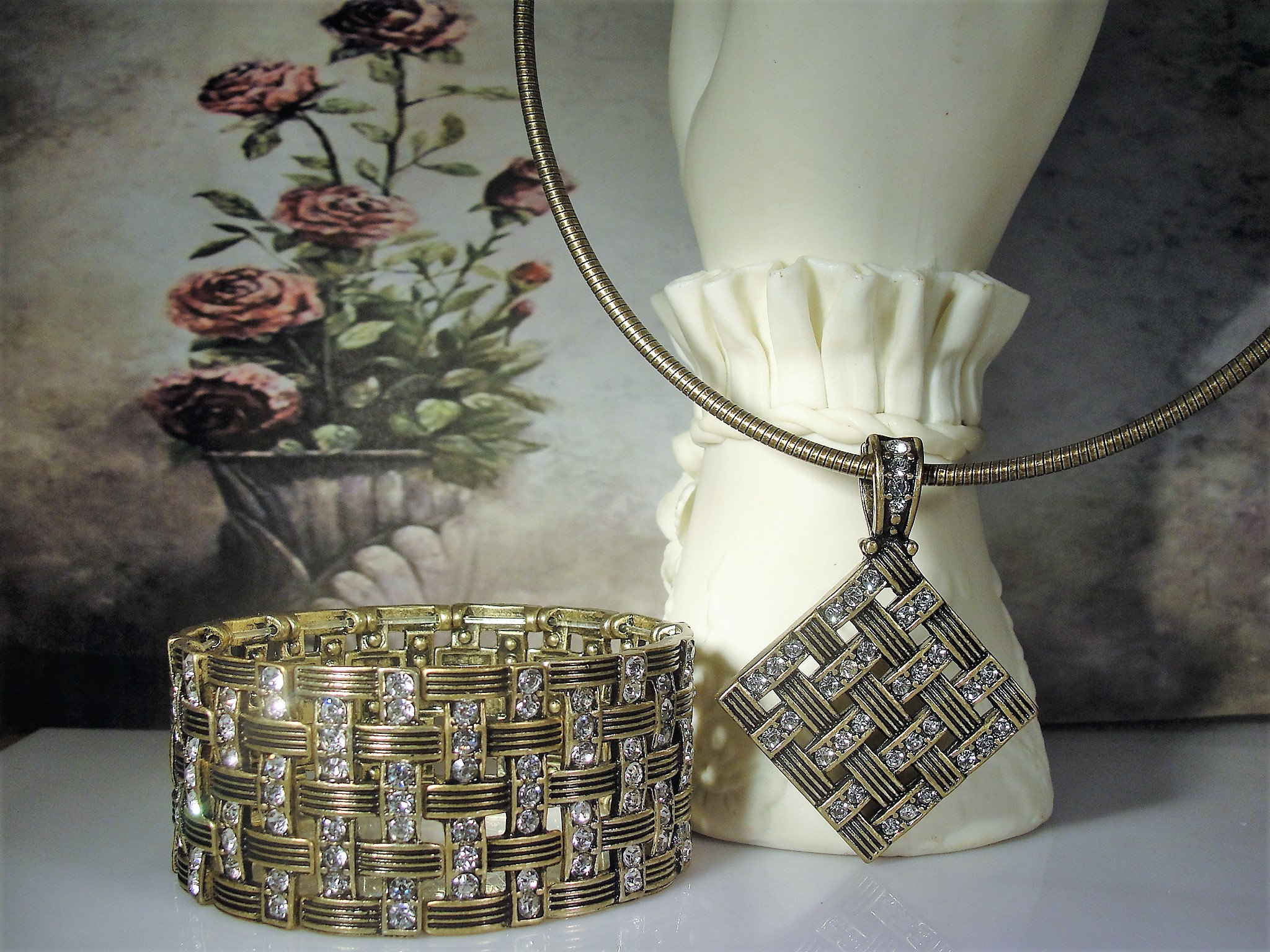 PREMIER DESIGNS Jewelry Set Basket Weave Rhinestone Bracelet Basket Weave Rhinestone Necklace Brass Jewelry Set Vintage Jewelry Set