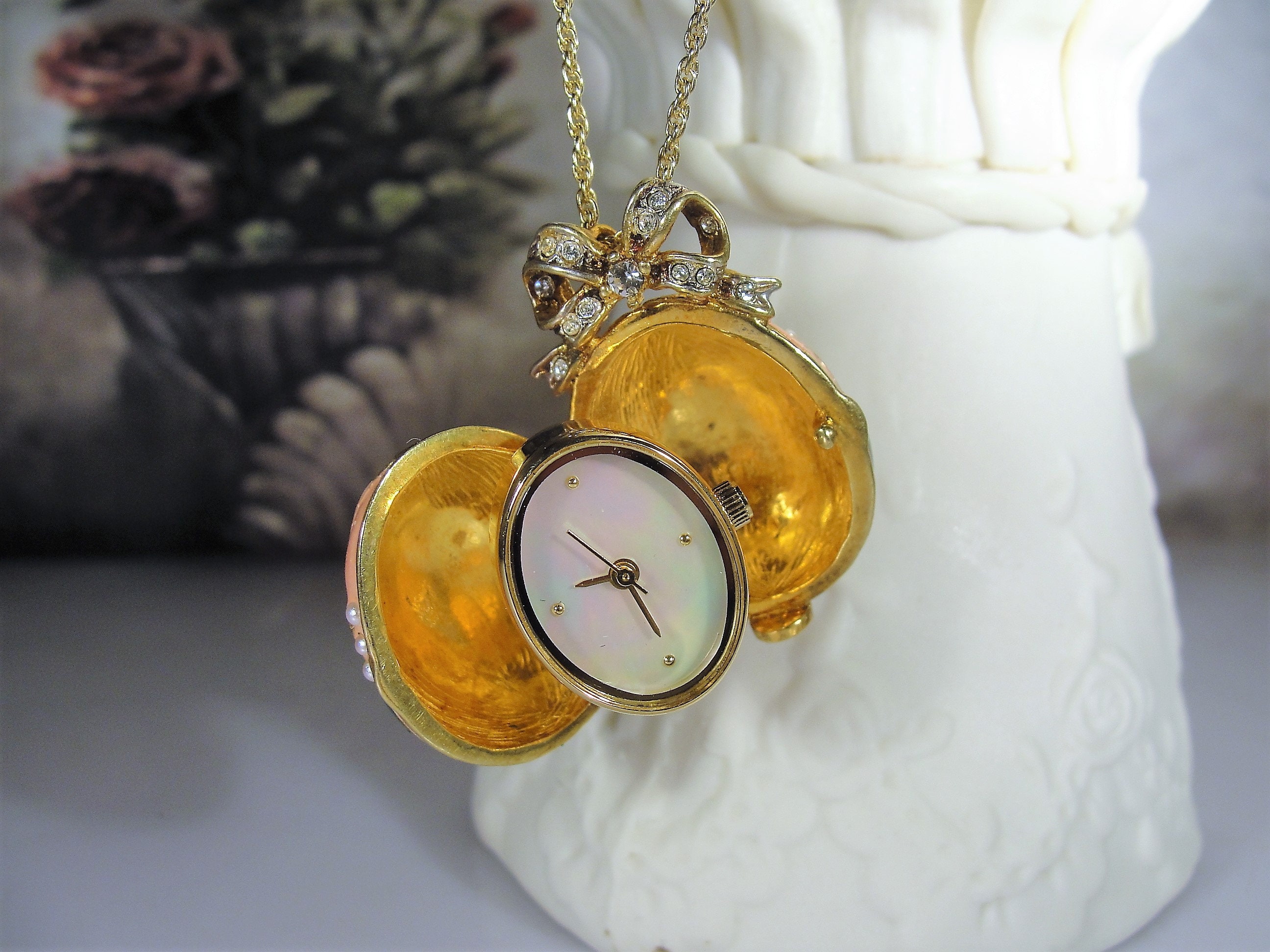 Faberge Enamel Egg Watch Pendant, Seed Pearls, Swarovski  display picture 1