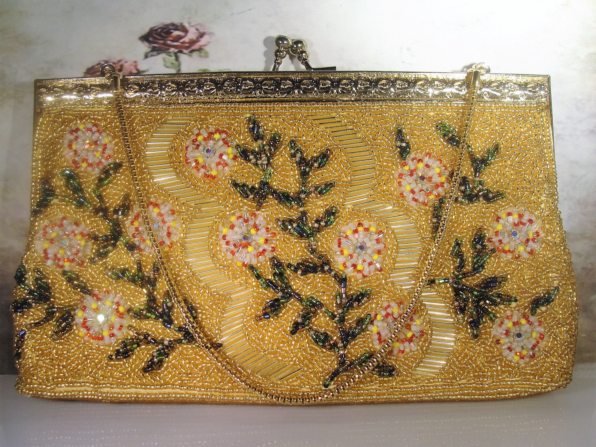 Vintage Gold Beaded Purse, Beaded Clutch, Green Leaves and Floral