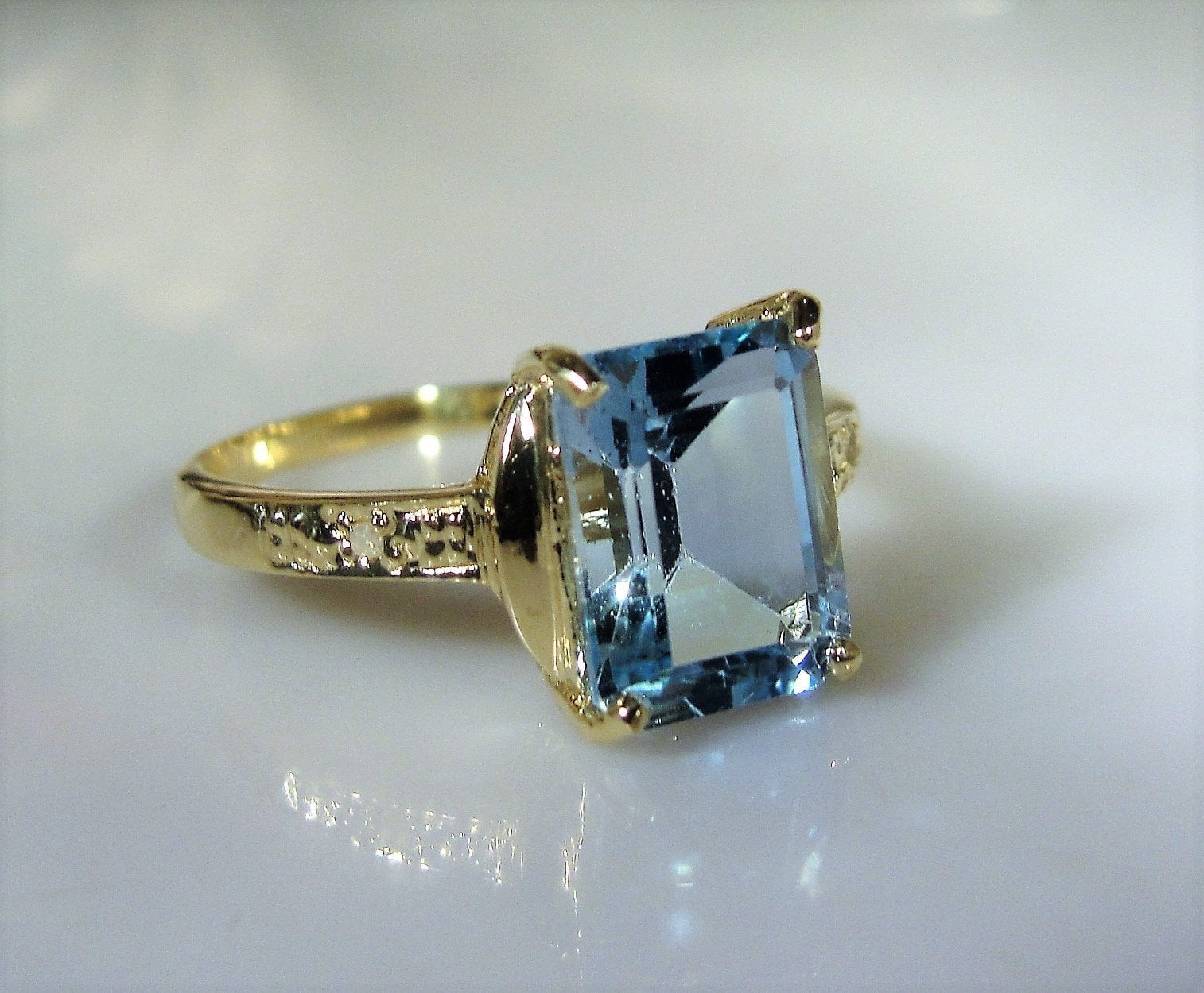 10K Swiss Blue Topaz and Diamond Ring, 2.2 Carat Emerald Cut Blue Topaz ...