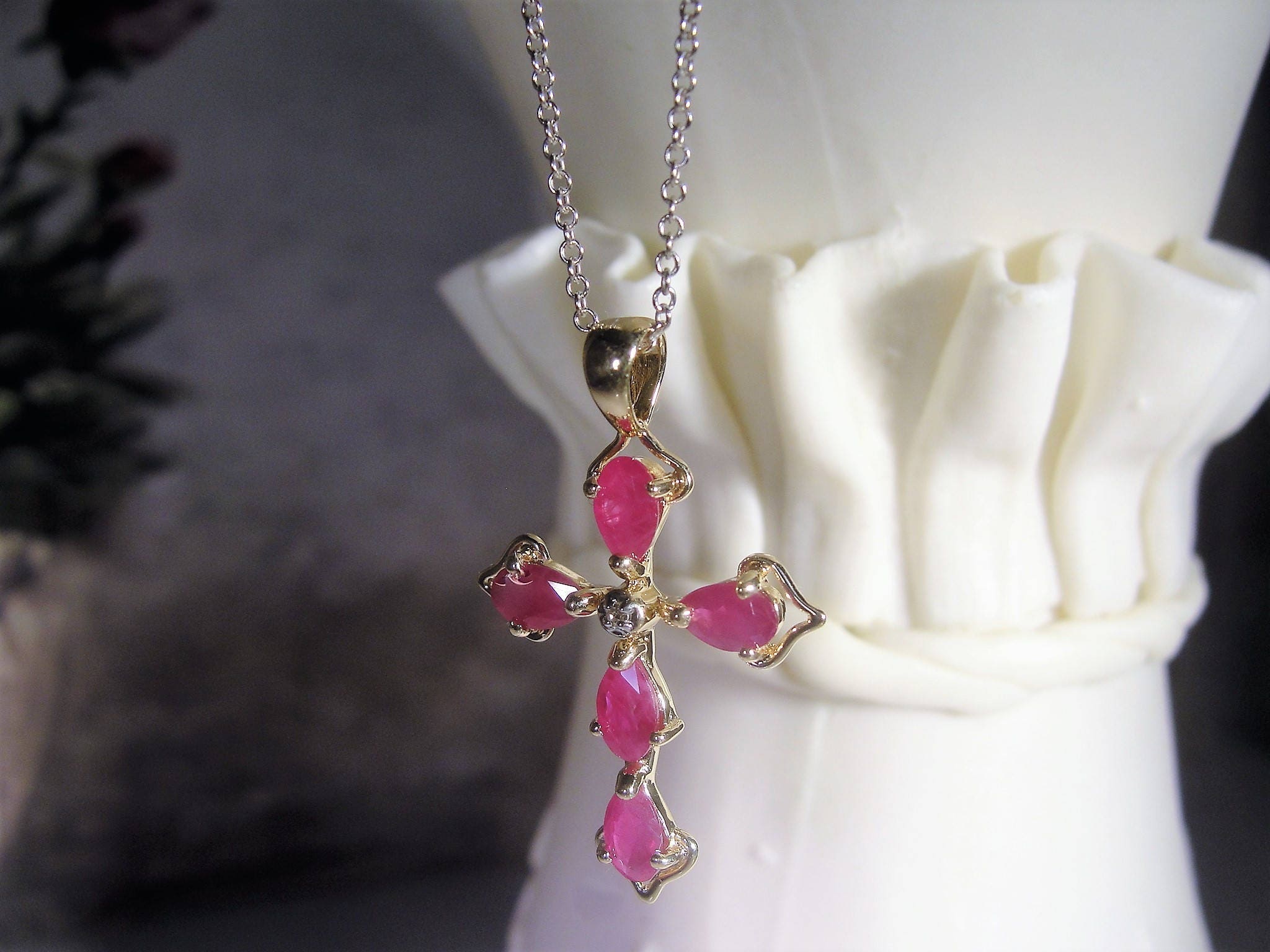 Ruby Cross Necklace, 14K Ruby and Diamond Cross Necklace, Cross Pendant