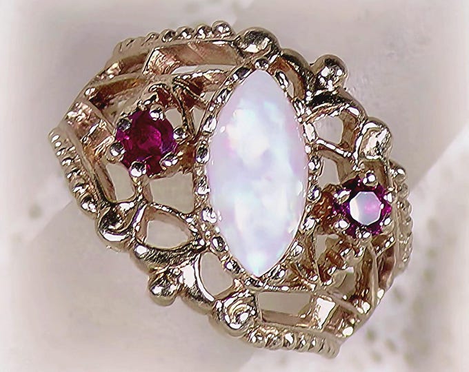 14K Yellow Gold Marquise Australian Opal with 2 Ruby Accents Filigree Ring - Size 5.75 - Free Sizing
