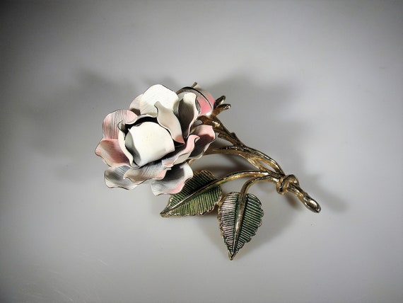 Flower Brooch, Large Blush Pink & Green Flower Br… - image 6
