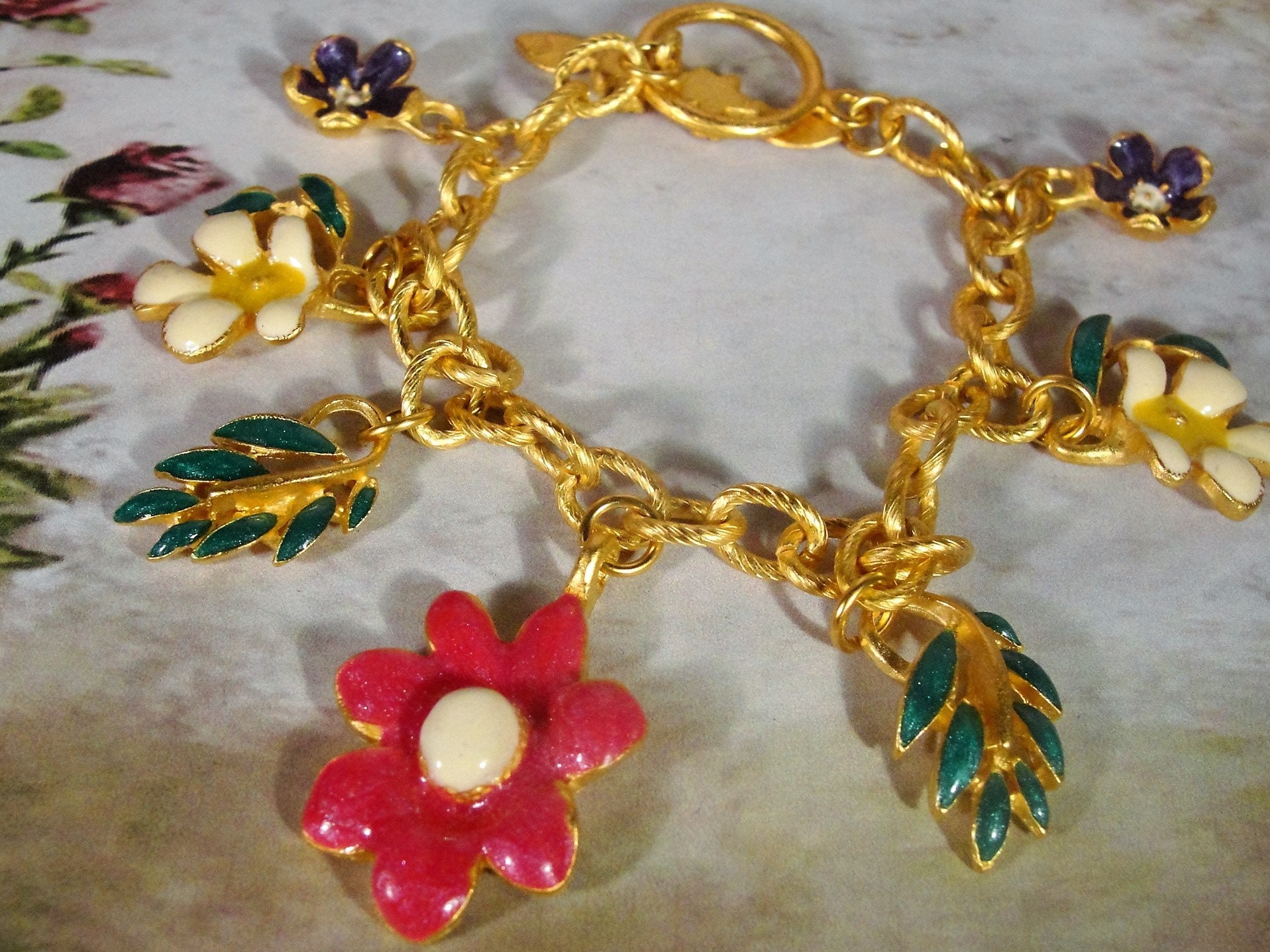 Enamel Flower Power Charm Bracelet, Charm Bracelet, Gold Matte Finish