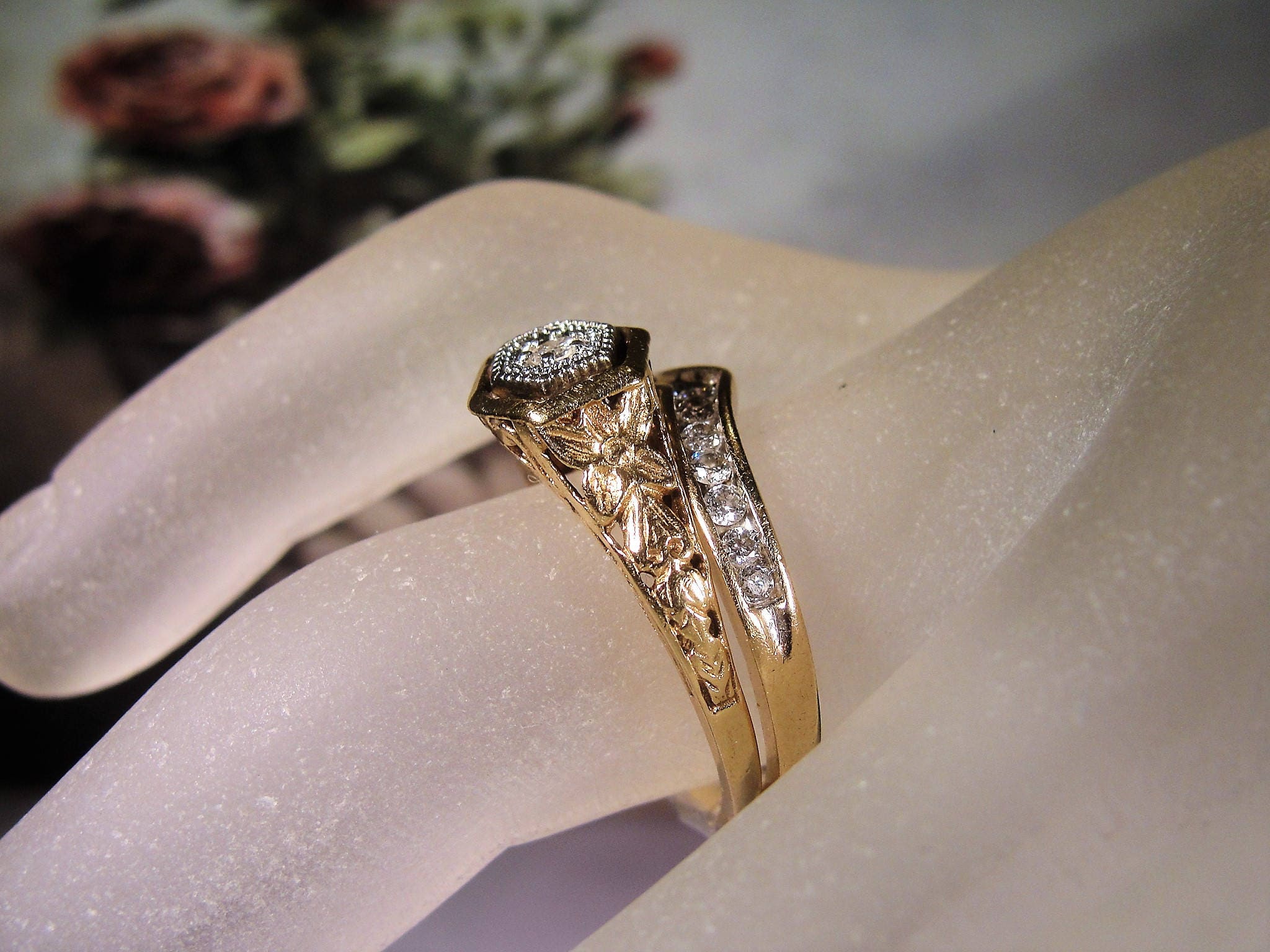 Art Deco Bridal Ring Set, Wedding Rings Set, 10K Gold, Engagement Ring