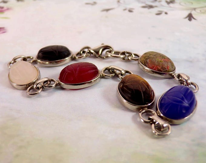Bracelet – 6 Unique Egyptian Scarab Beetle Gemstones - Jadeite – Nephrite – Onyx – 925 - Vintage