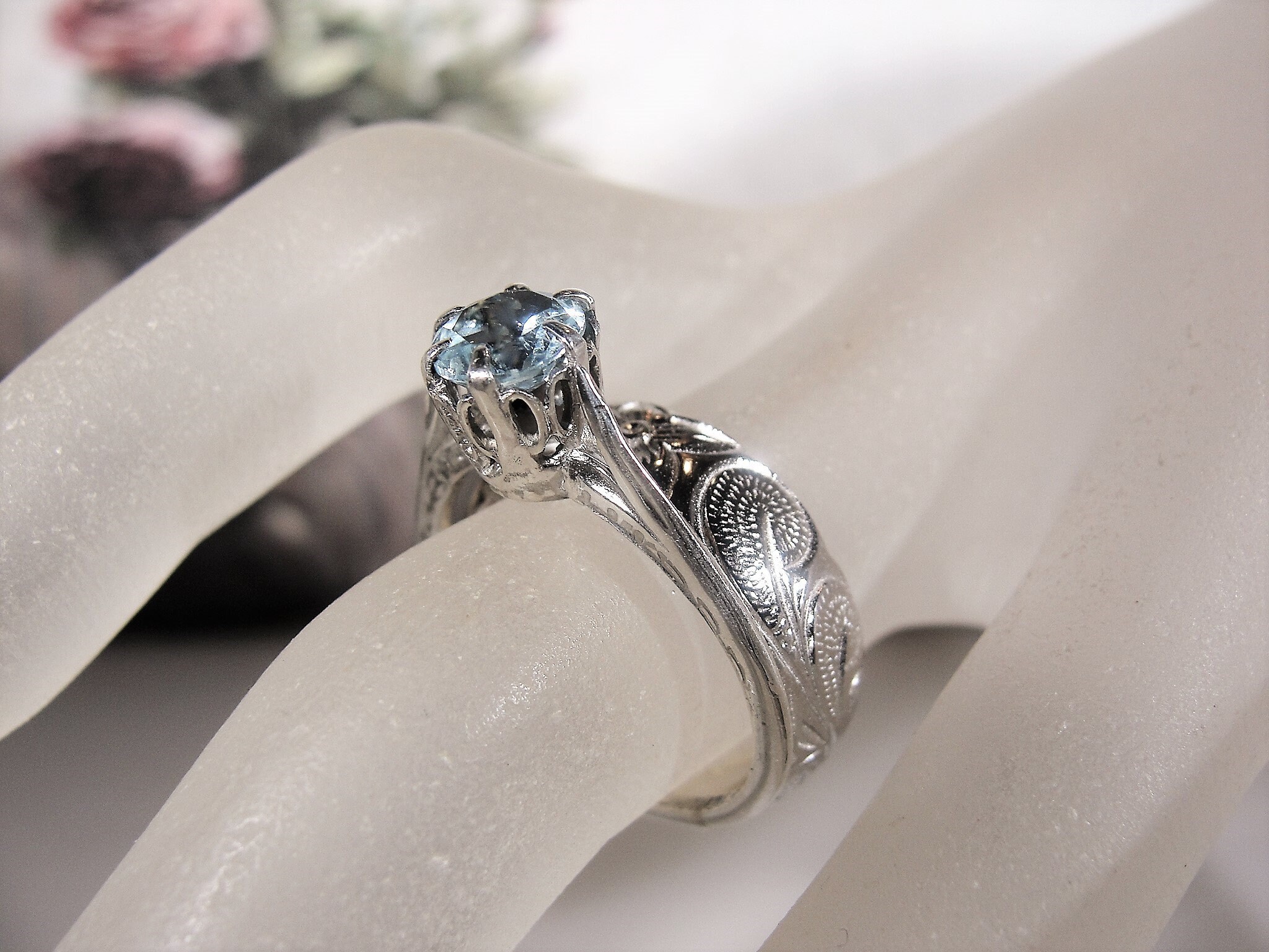 Victorian Sterling Silver Light Blue Topaz Bridal Ring Set