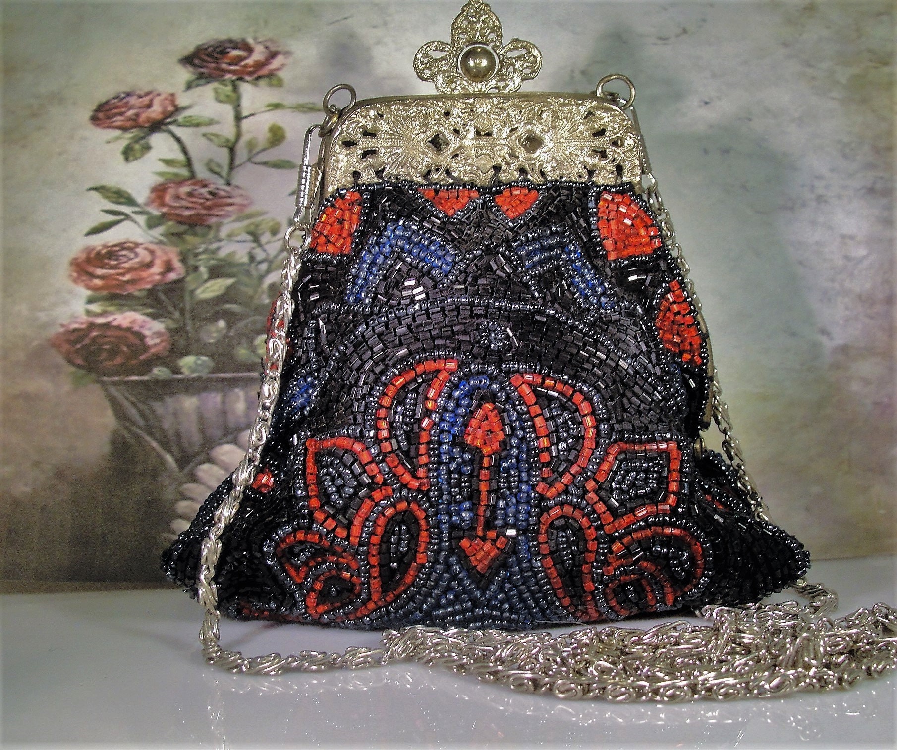 Beaded Purse, Victorian Revival Black Blue and Dark Red Beaded Evening ...