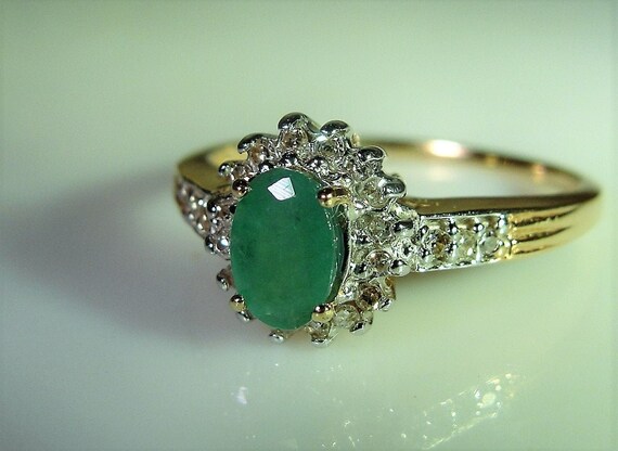 10K Green Emerald and Diamond Ring, Oval Emerald R