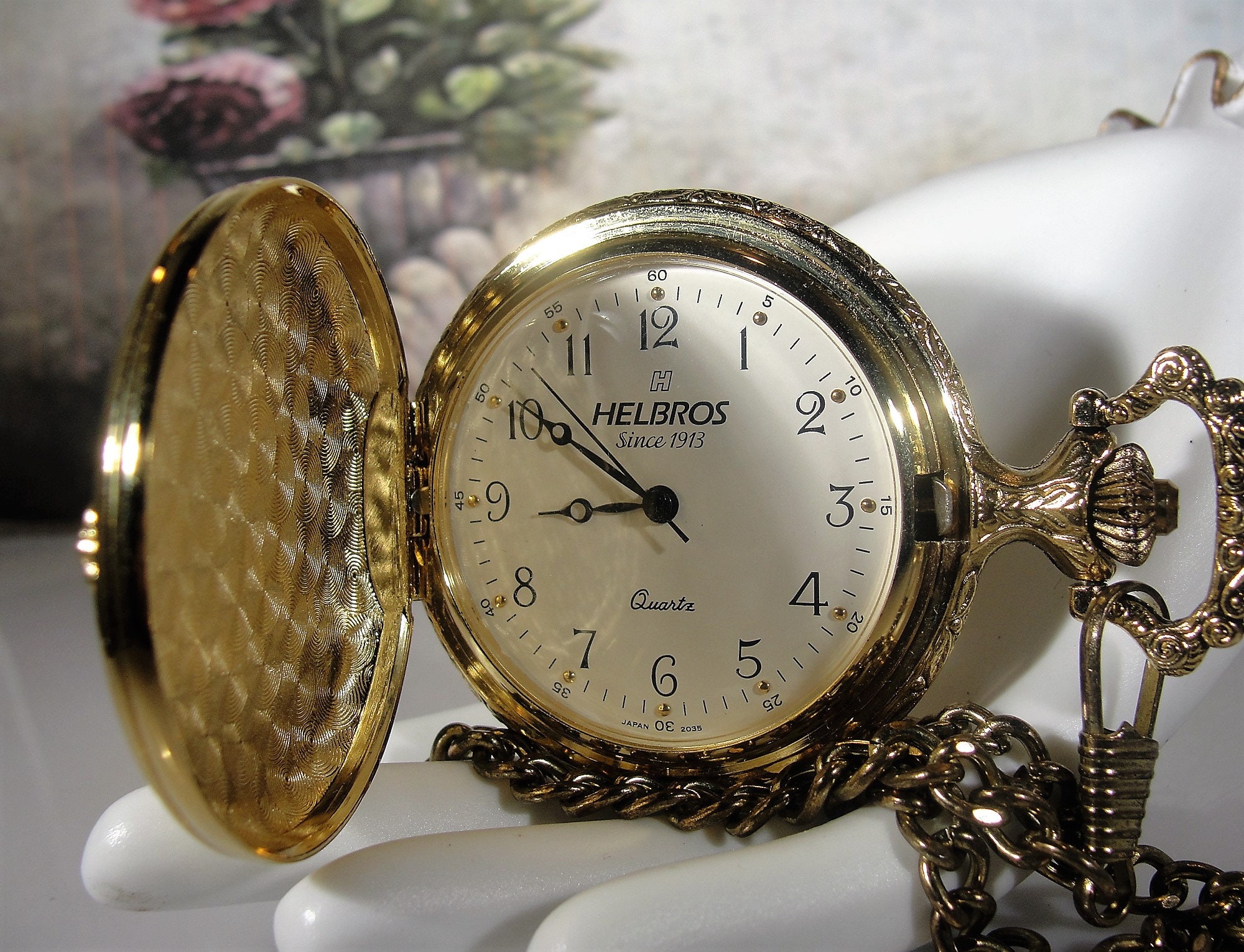 Pocket Watch Vintage HELBROS Quartz Pocket Watch and Chain