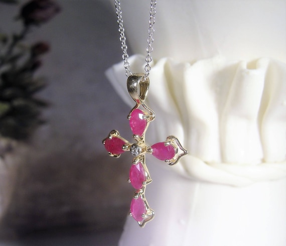 14k Ruby And Diamond Cross Necklace - Silver Ruby Cross Pendant 14k Ruby And Diamond Cross Necklace - Silver Ruby Cross Pendant