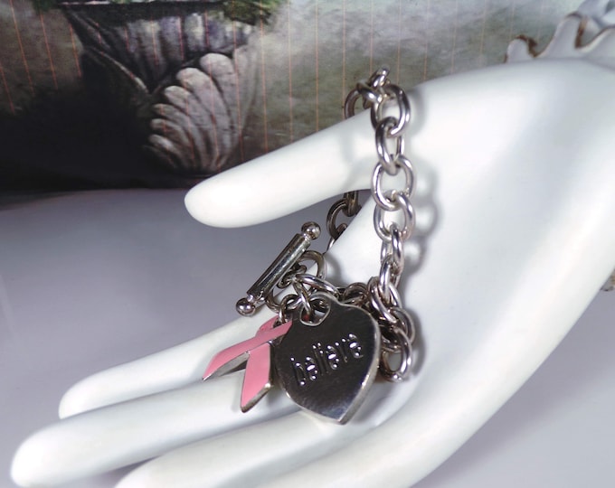 Breast Cancer Awareness Charm Bracelet – Stainless Steel – Believe Heart Charm – Pink Enamel Ribbon Charm – Vintage Charm Bracelet
