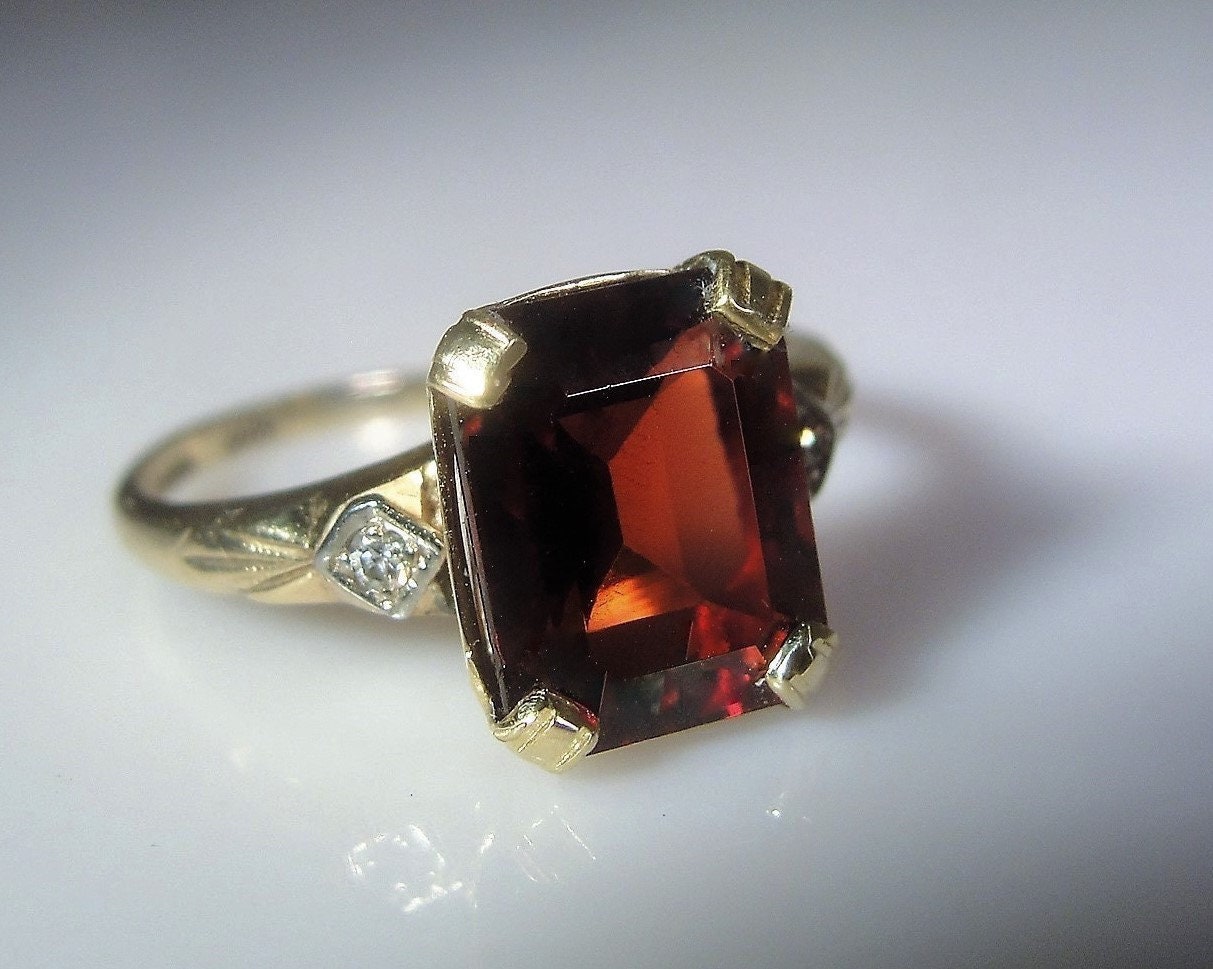 Art Deco Garnet Ring 10K Gold Ring Garnet Diamond Ring Emerald