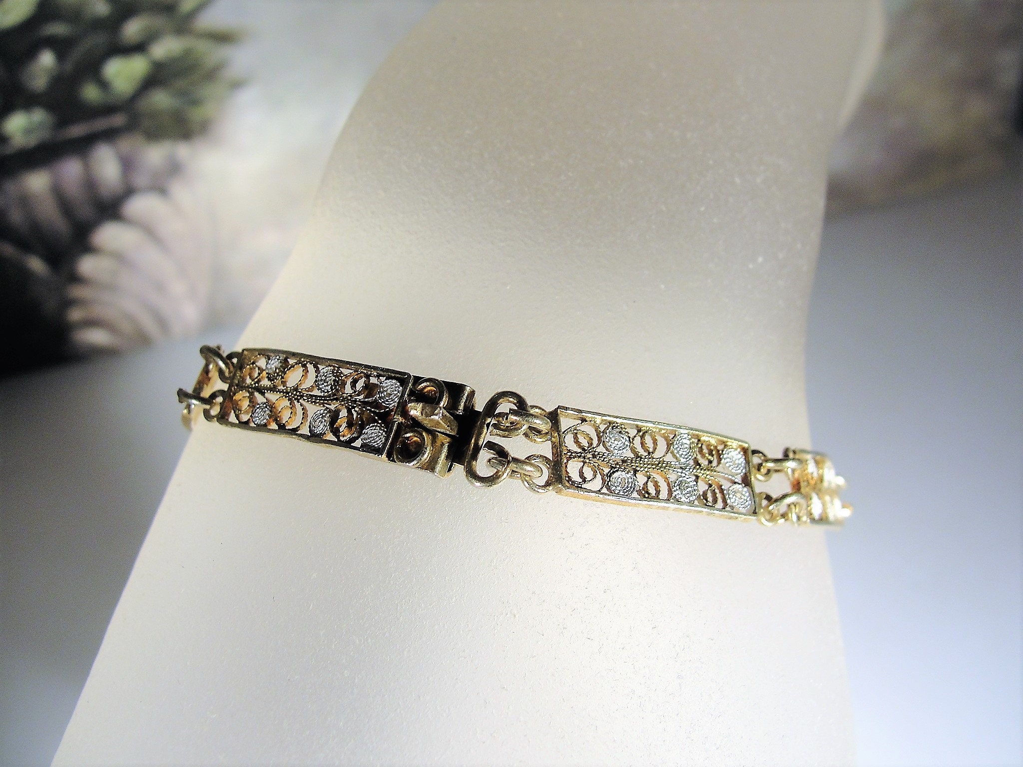Victorian Gold Washed Vermeil Filigree Small Panel Bracelet, 800 Silver