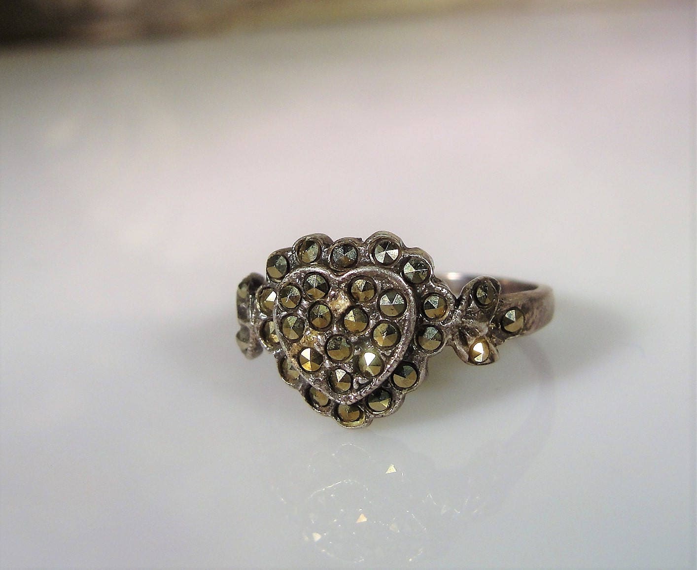 Marcasite Heart Ring, Sterling Silver Ring, Silver Heart Ring, Antiqued ...