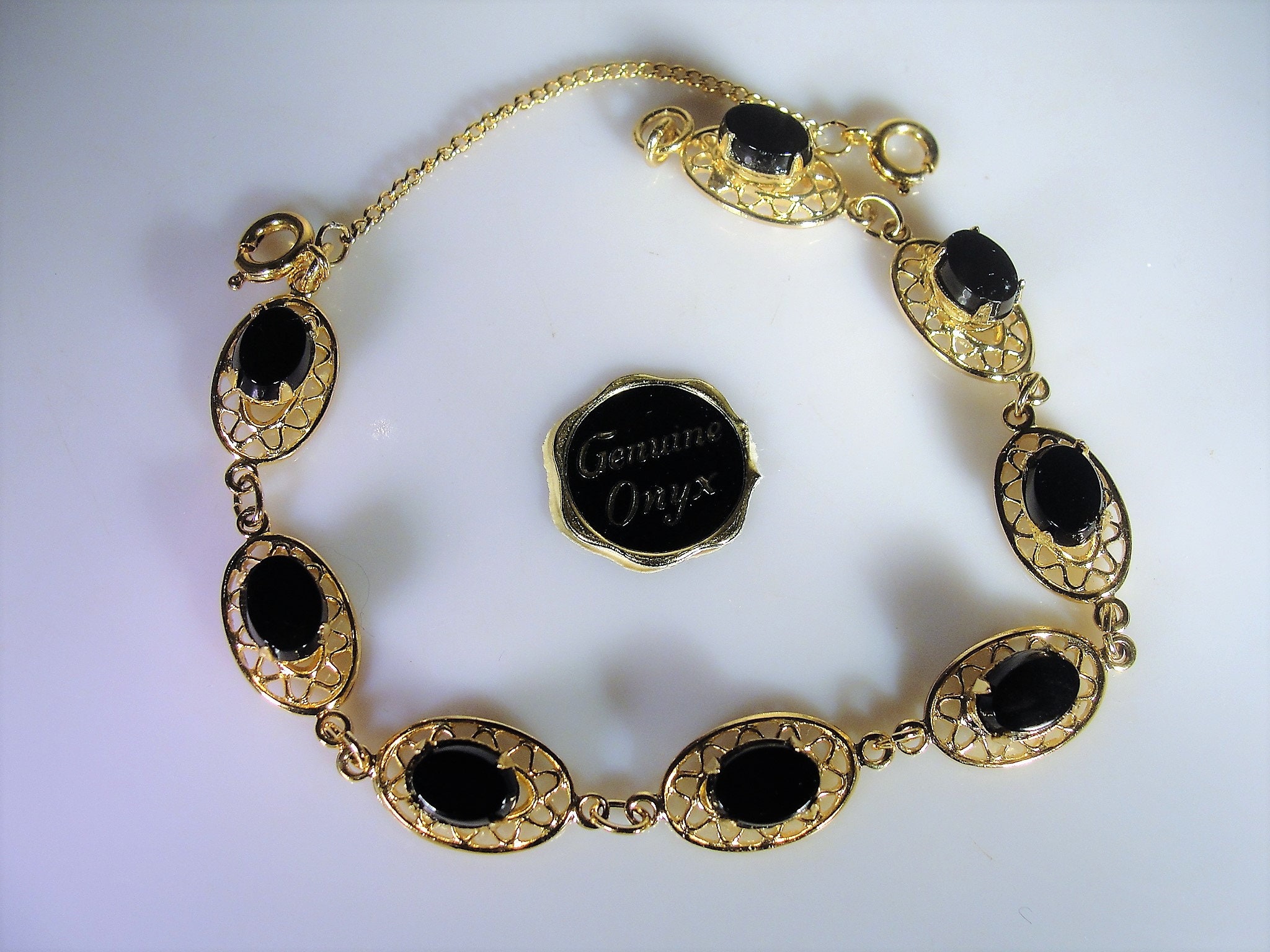 Genuine Onyx Bracelet, Black and Gold Bracelet, Gold Plated Bracelet