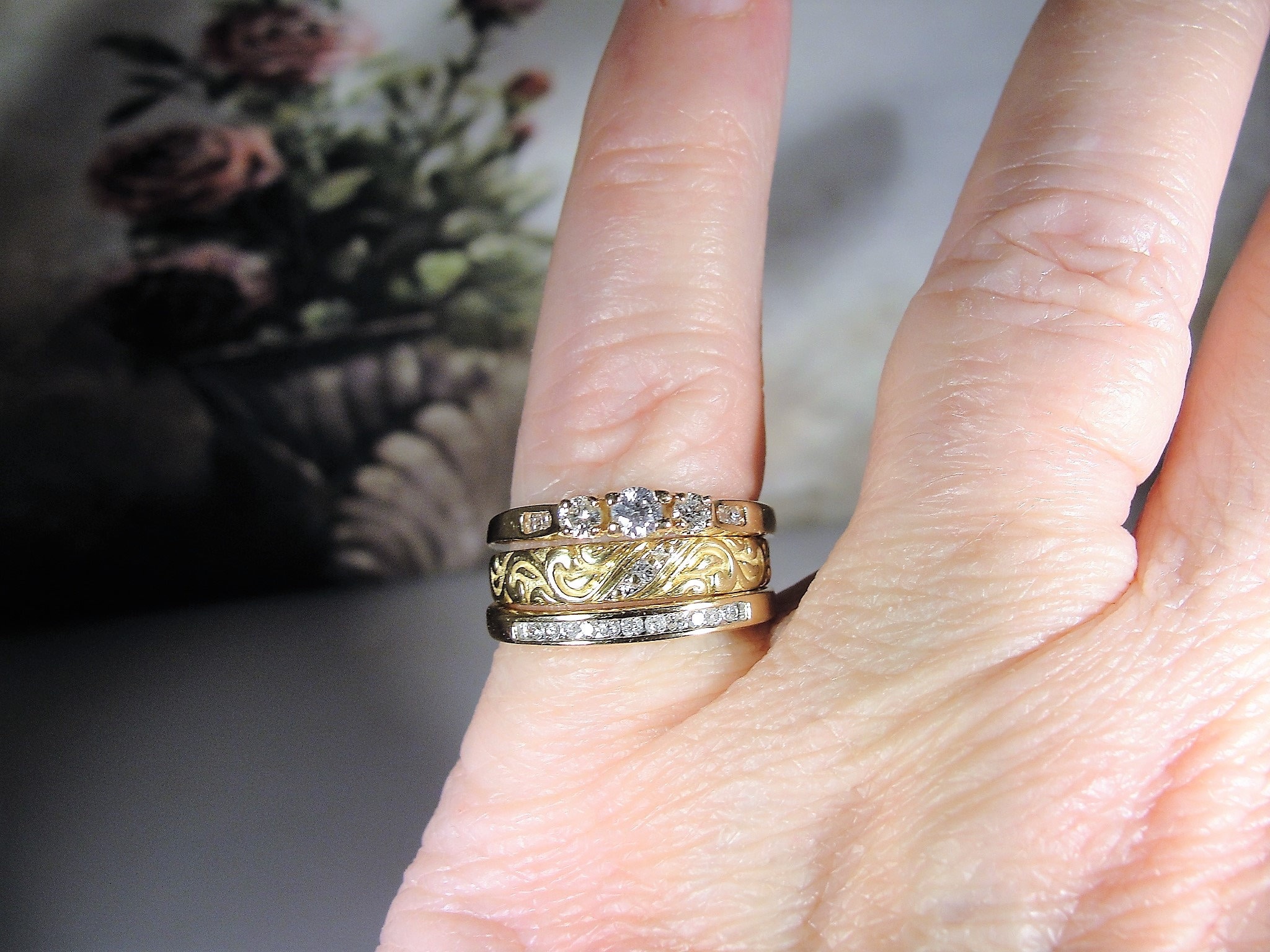 Bridal Ring Set, Vintage 14K Stacking Rings, Trilogy Engagement Ring