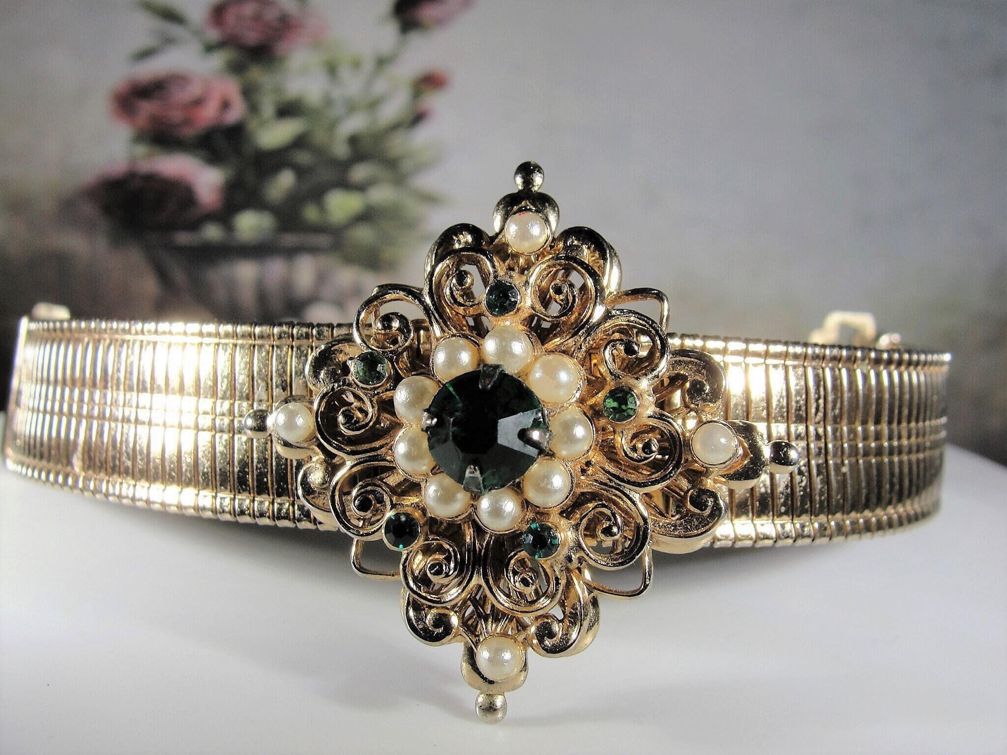 CORO PEGASUS Green Emerald Rhinestone and Seed Pearl Gold Tone Bracelet ...