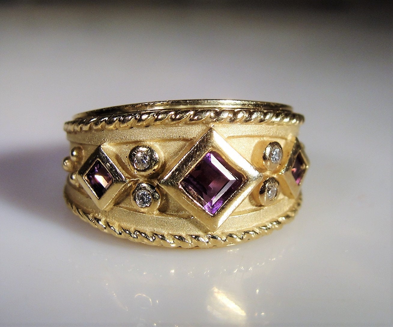 Byzantine Style 10K Yellow Gold Amethyst and Diamond Band, Cocktail