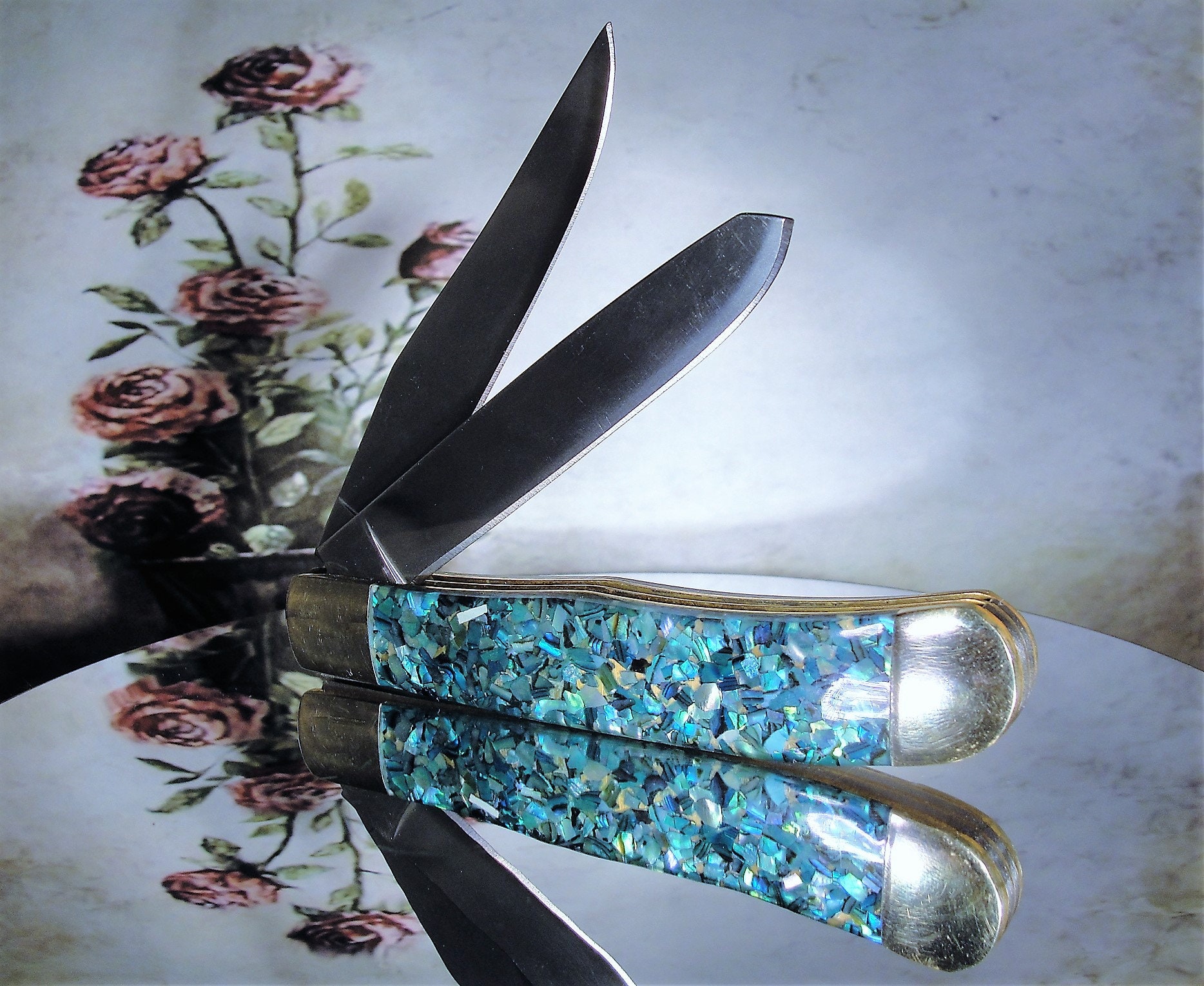 Pocket Knife, STAUER Women's Greenish Blue Glitter Two Jack Pocket Knife