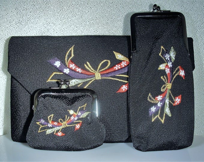 Purse Set - Vintage Japanese K'ntetsu Purse Set Embroidered Envelope Purse w/ Matching Eye Glass Case & Coin Purse - Vintage Purse Set