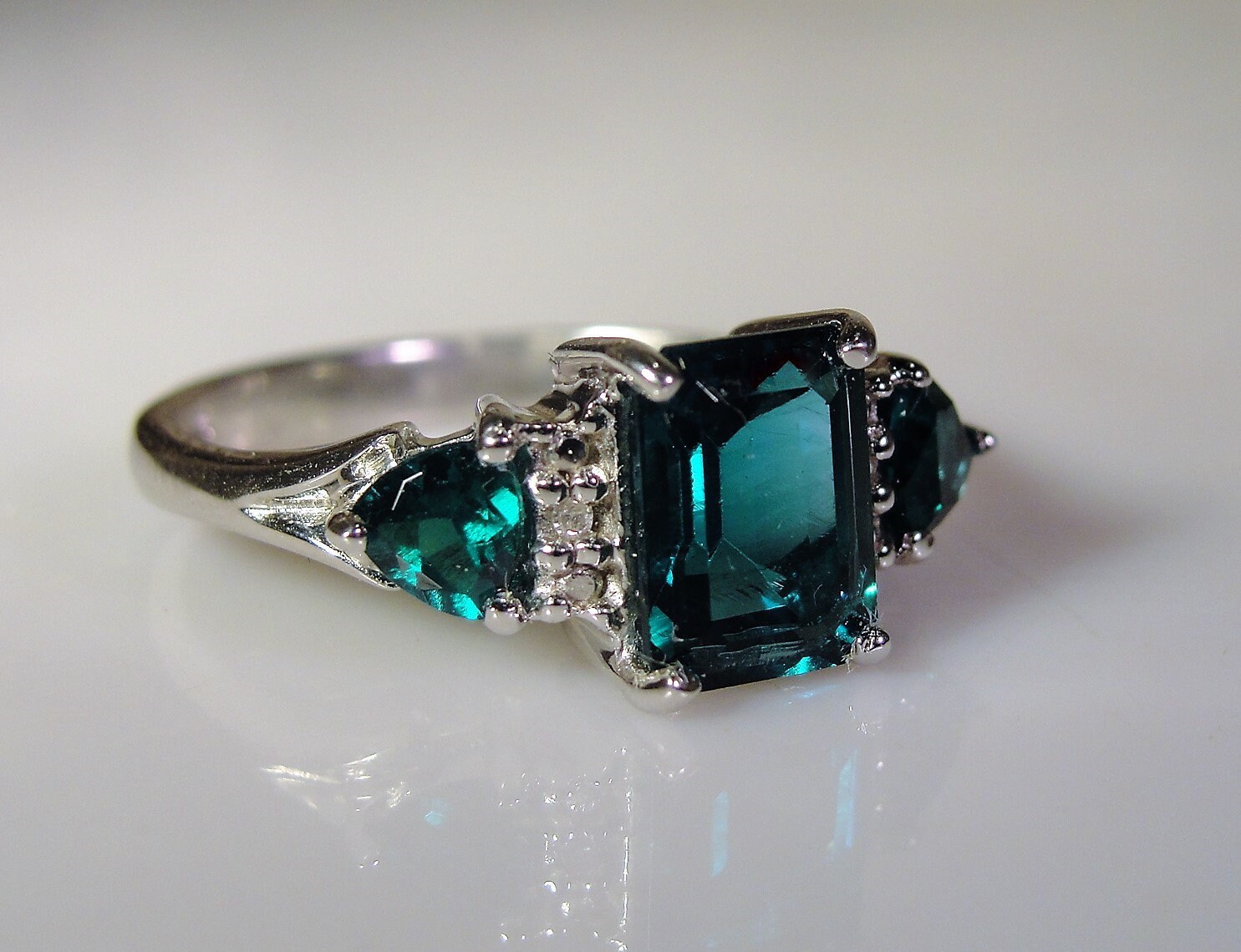 Sterling Silver Ring, Green Emerald and Diamond Ring, Emerald Cut, Trillian Cut Accents, Green