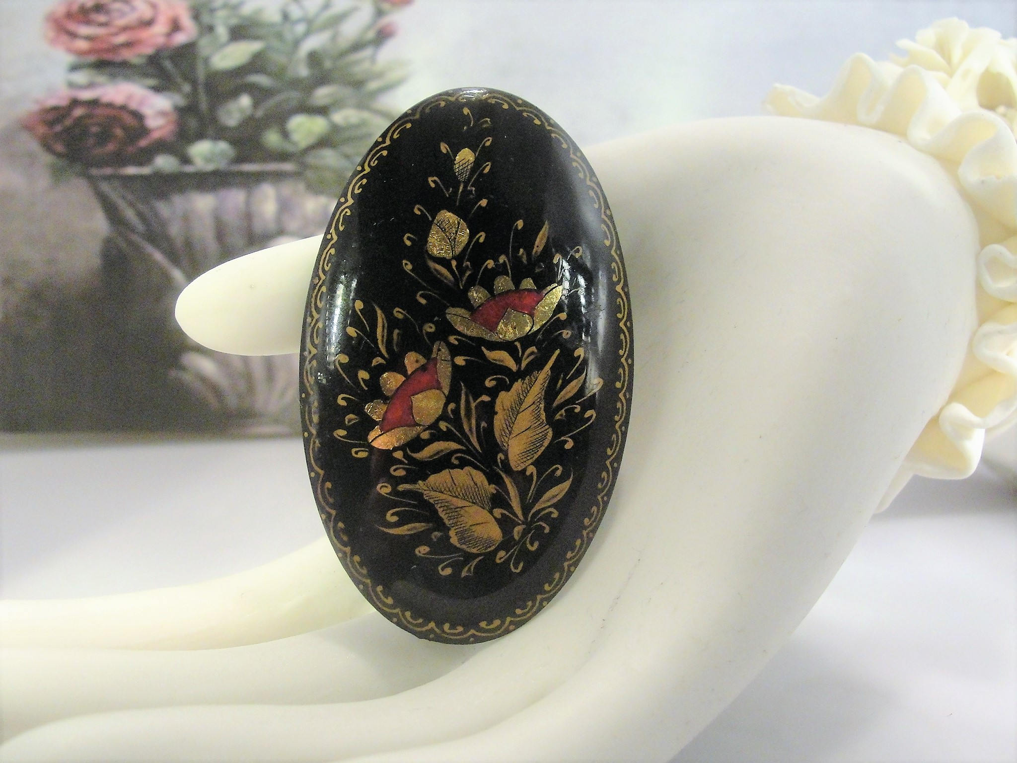 Gutta Percha Hand Painted Gold Gilt Mourning Brooch, Vulcanite Brooch